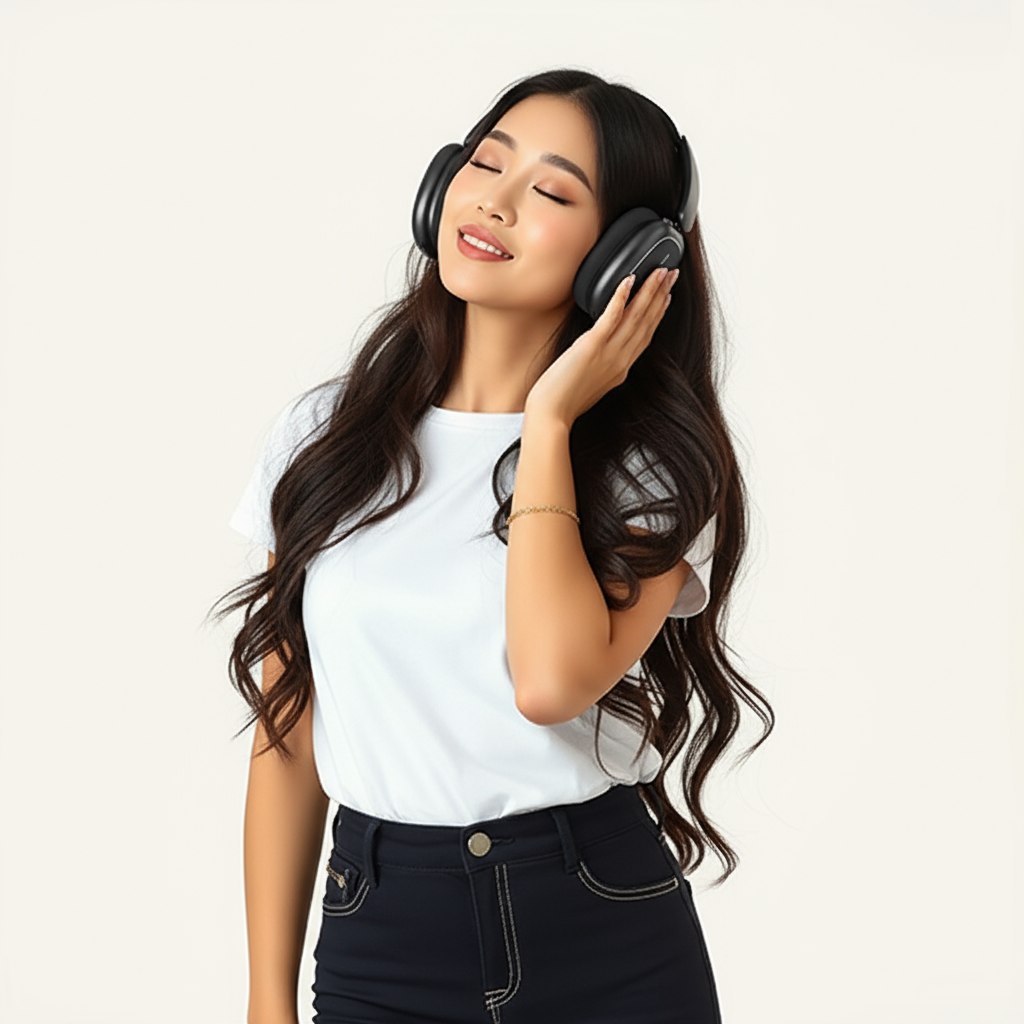 Una mujer con auriculares negros y pelo largo sonríe con los ojos cerrados. Viste una camiseta blanca y vaqueros oscuros.