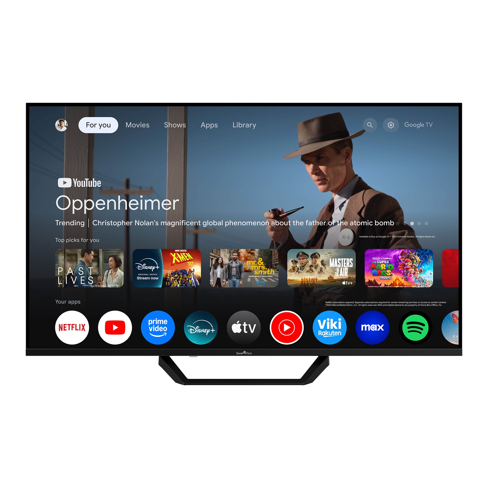 Un televisor Smart Tech muestra una recomendación de película para Oppenheimer y varios iconos de aplicaciones como Netflix.