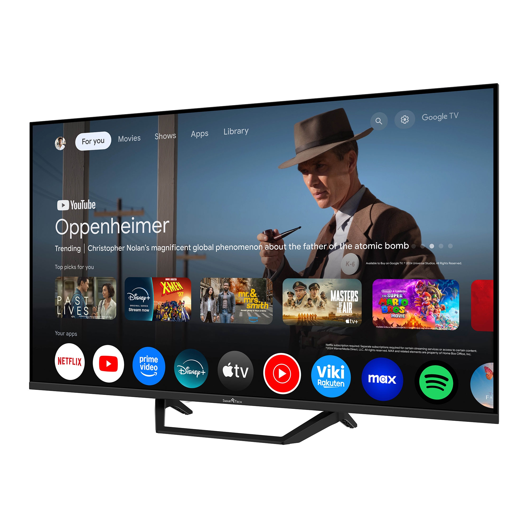Ein Smart-TV zeigt den Film Oppenheimer. Der Bildschirm zeigt Apps wie Netflix und YouTube sowie einen Mann mit Hut.