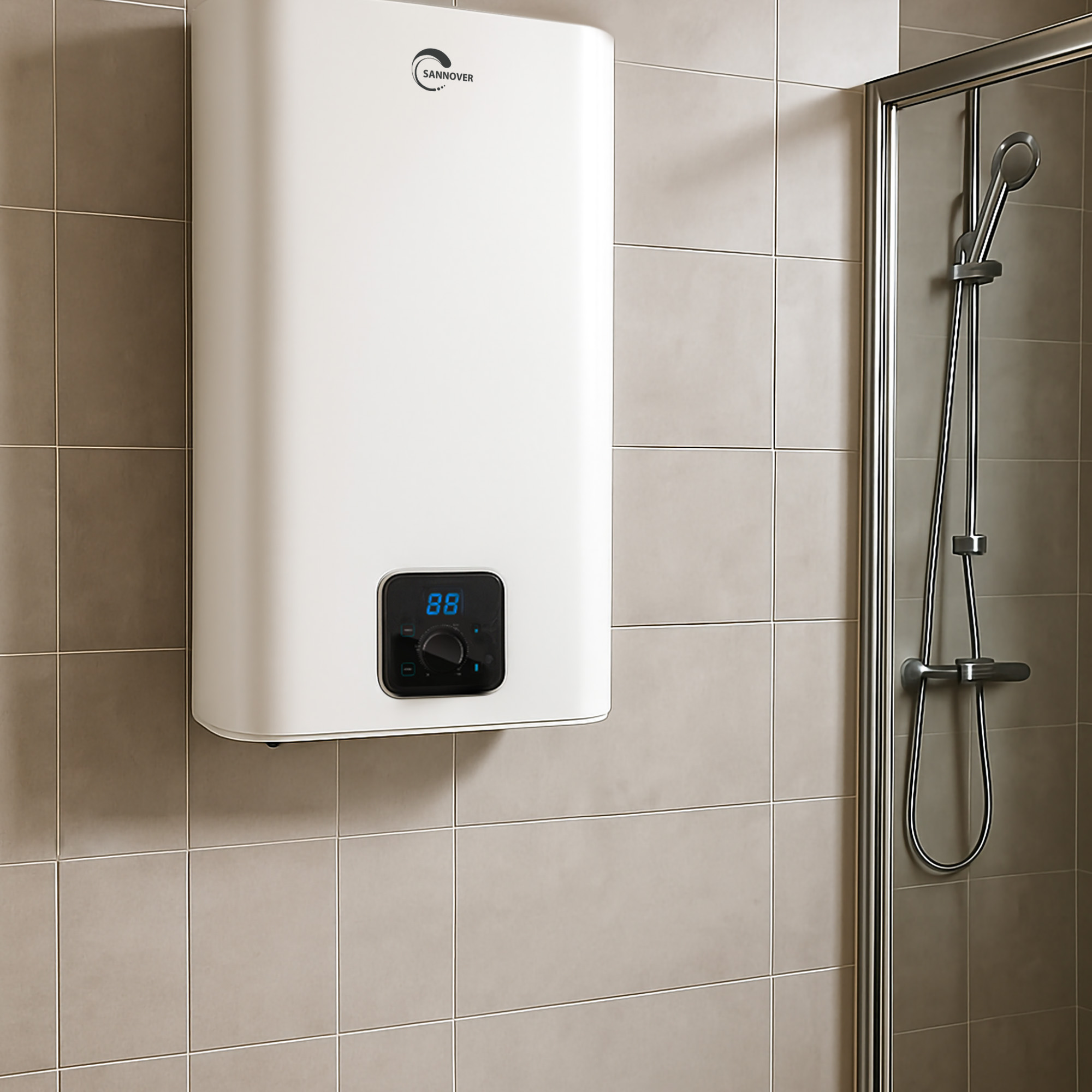 Een witte boiler met digitaal display '88' op een betegelde muur. Rechts een douche.