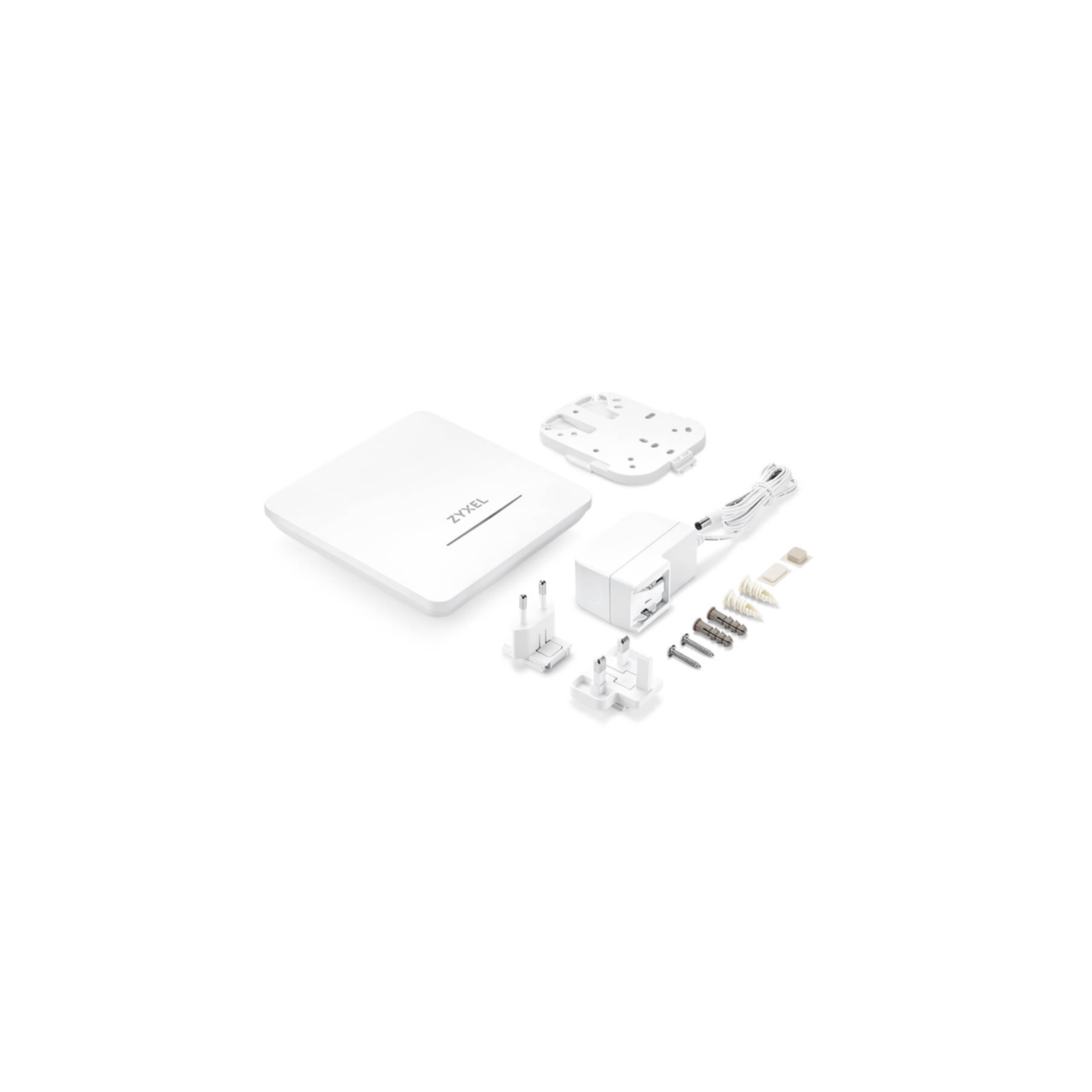 Un routeur Zyxel blanc et des accessoires, dont des adaptateurs secteur, du matériel de montage et des câbles, sur fond blanc.