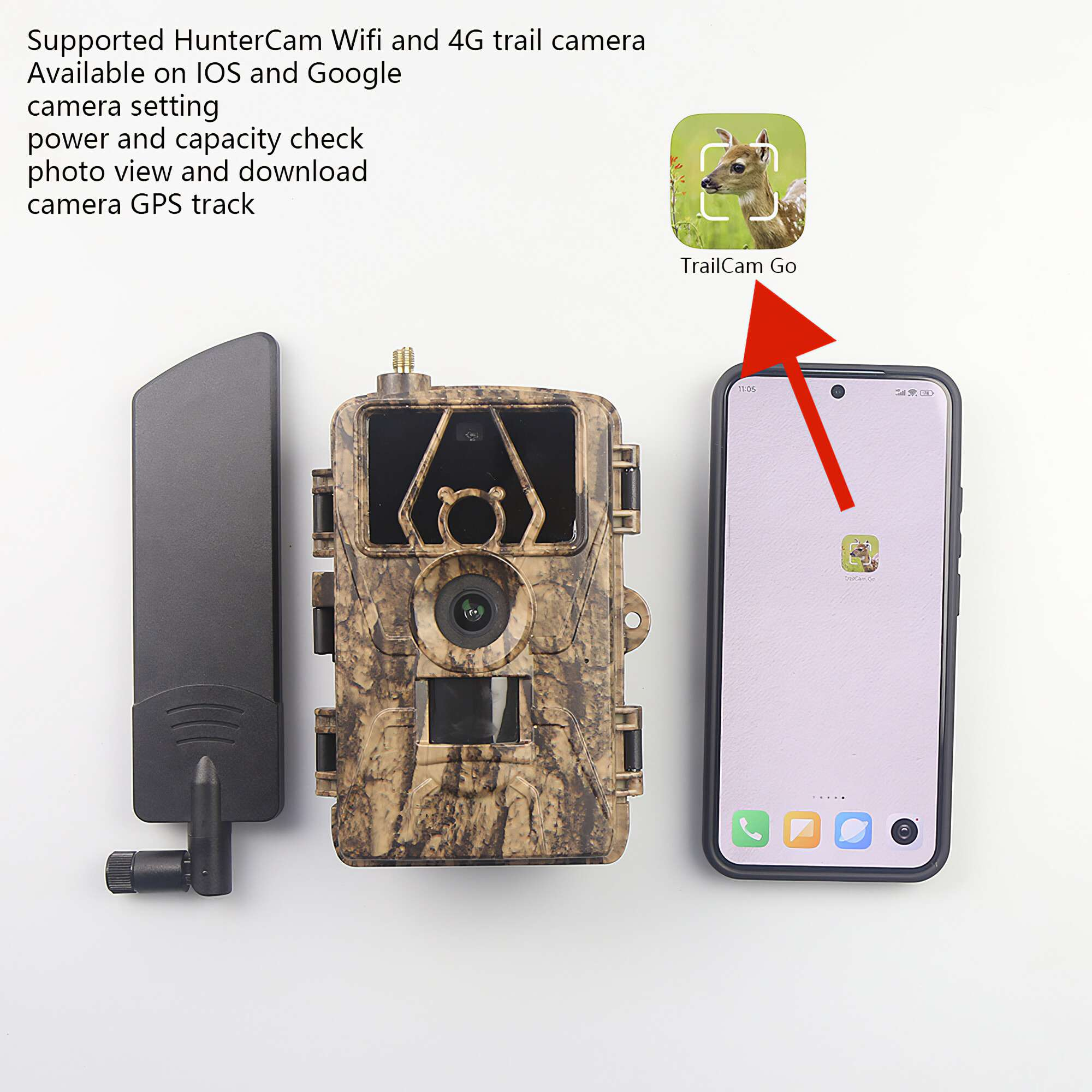 Eine Wildkamera, ein Telefon und eine Antenne liegen auf einer weißen Oberfläche. Das Telefon zeigt die TrailCam Go App.