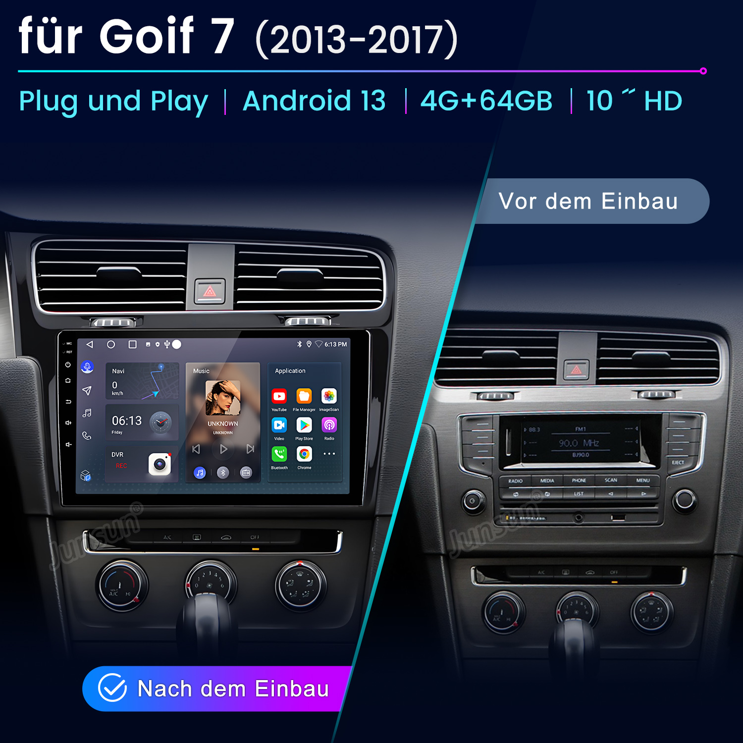 Autoinnenraum mit neu installiertem Android 13-System, das Musik, Navigation und Apps anzeigt. Das alte System ist auch gezeigt.