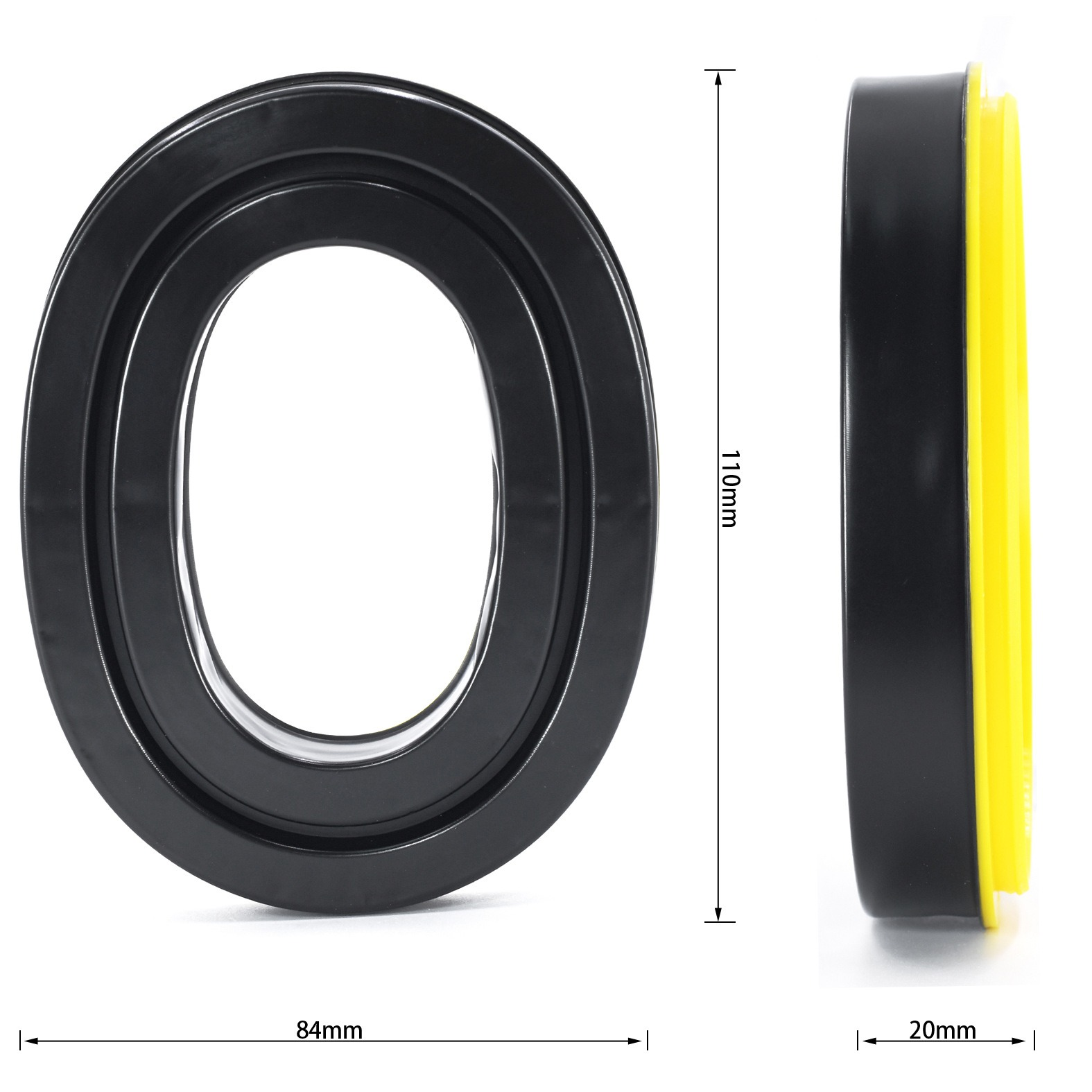 Protezione auricolare nera e gialla. Forma circolare con misure etichettate. Un lato è giallo.