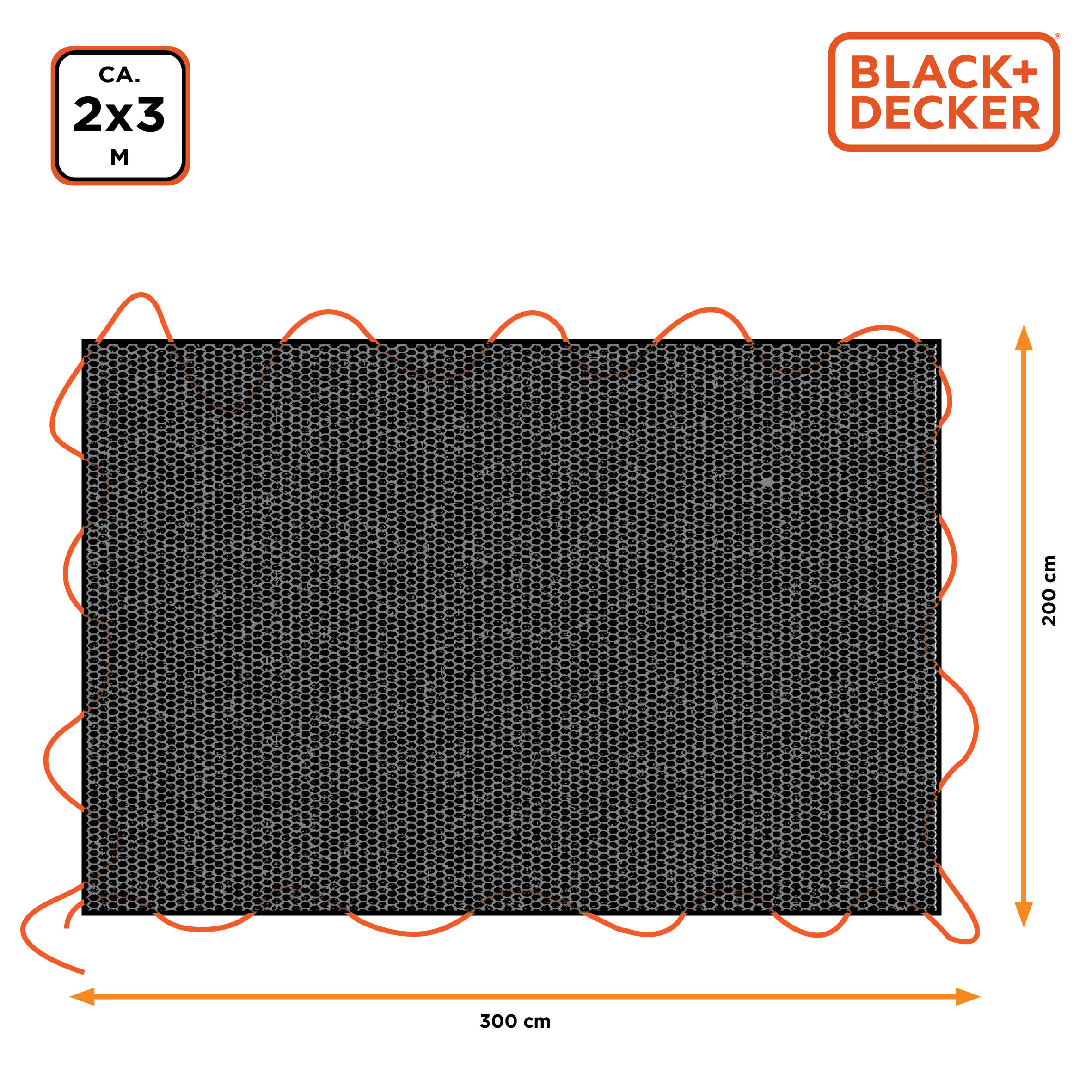 Una rete rettangolare nera. Linee arancioni delineano le dimensioni di 2x3 metri e il logo 'BLACK+DECKER'.