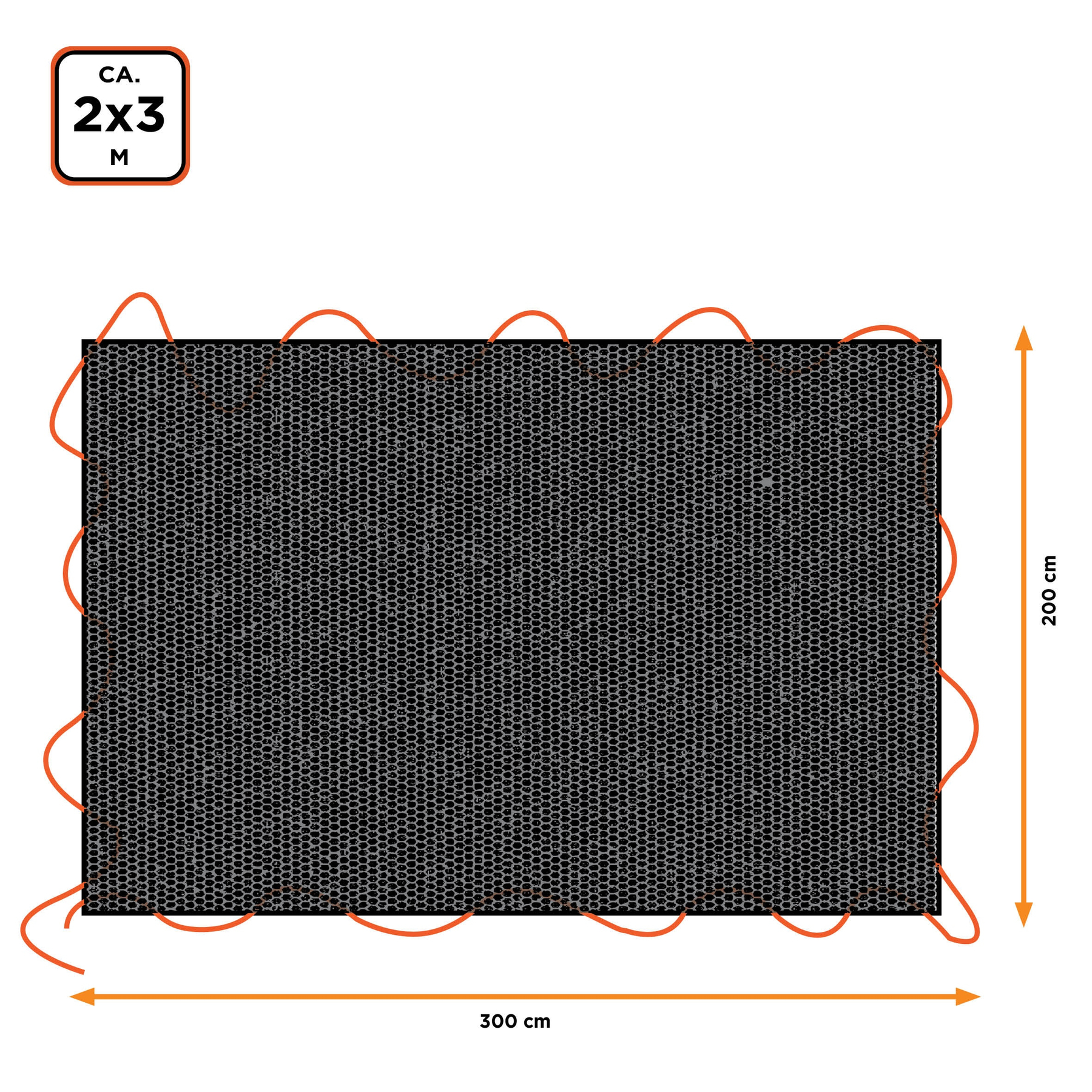 Una rete rettangolare nera con bordi arancioni, etichettata 'CA. 2x3 M' sopra. Dimensioni: 300cm x 200cm.