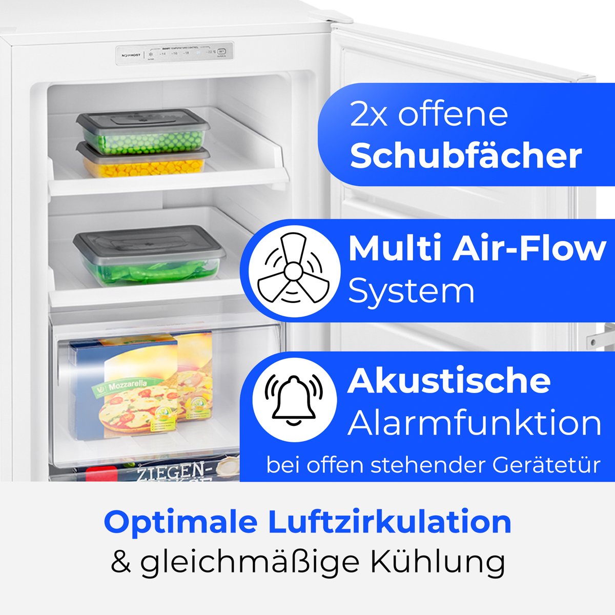 Offene Kühlschranktür mit Regalen, die Lebensmittelbehälter und Pizzakartons zeigen. Textbeschriftungen beschreiben Funktionen wie Luftstrom und Alarm.