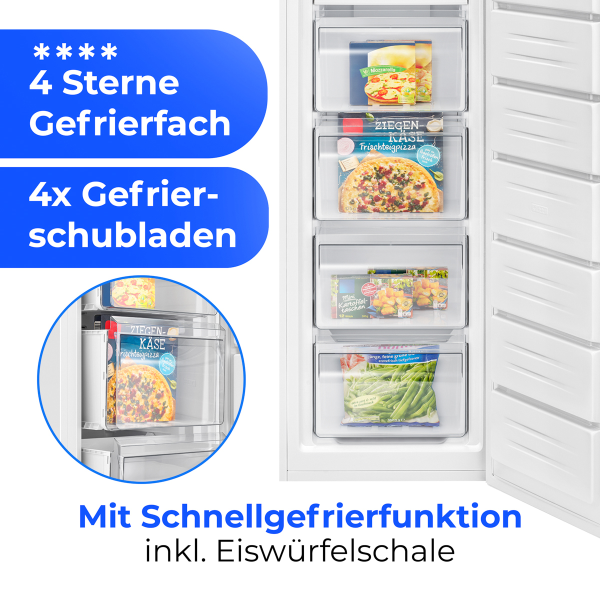 Offener Gefrierschrank mit Pizza, Gemüse und Mozzarella. Blauer Text hebt Merkmale hervor. Text sagt 4-Sterne-Gefrierschrank und 4 Schubladen.