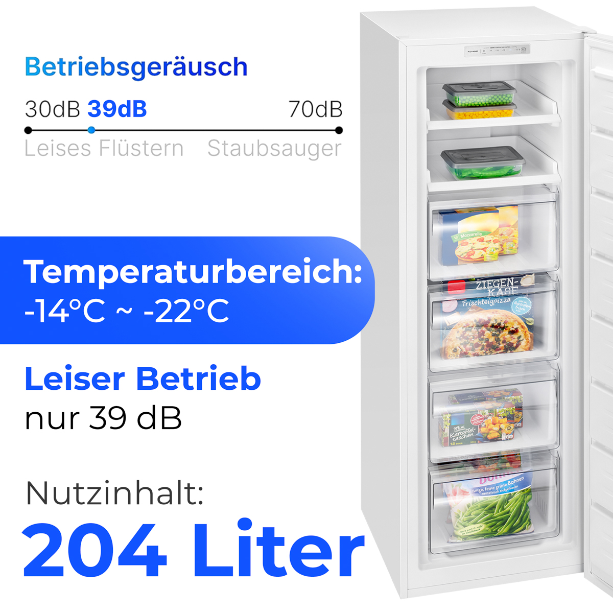 Ein offener weißer Gefrierschrank mit Behältern auf den Ablagen. Text zeigt Geräuschpegel, Temperaturbereich und 204 Liter Kapazität.