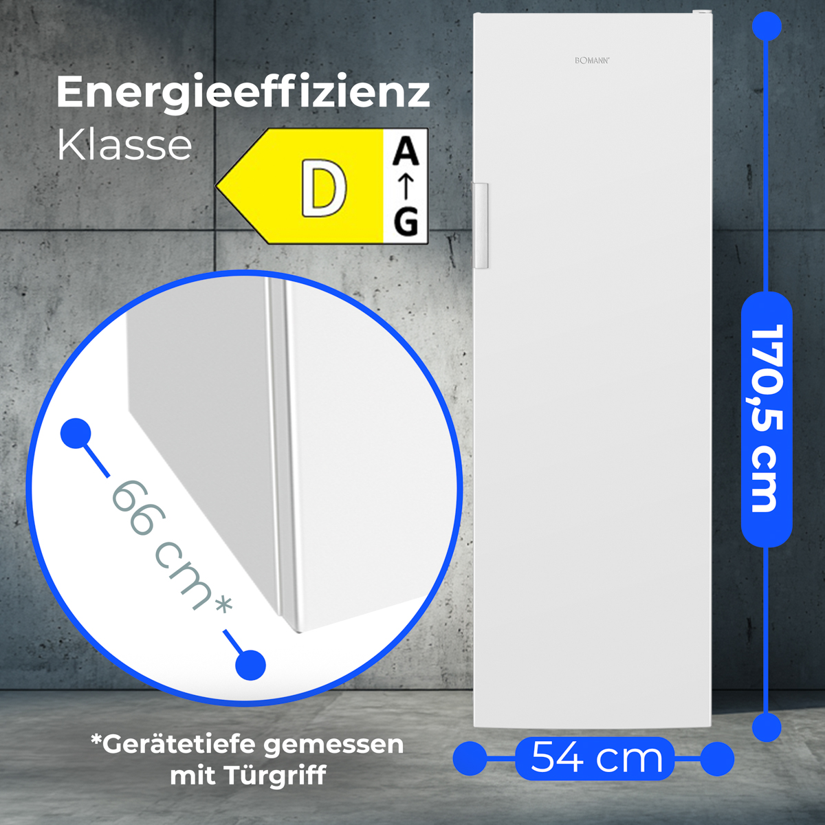 Ein weißer Boman-Kühlschrank zeigt Energieeffizienzdetails und Abmessungen. Er ist mit D bewertet und 170,5 cm hoch, 54 cm breit und 66 cm tief.