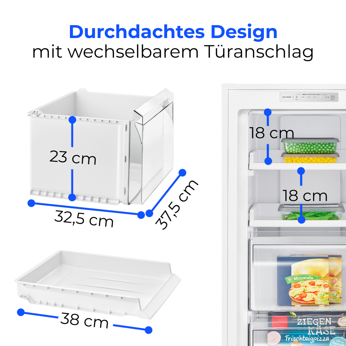 Ein weißer Kühlschrank mit offenen Schubladen und Maßen. Einige Regale haben Essen, und der Text lautet 'Durchdachtes Design'.