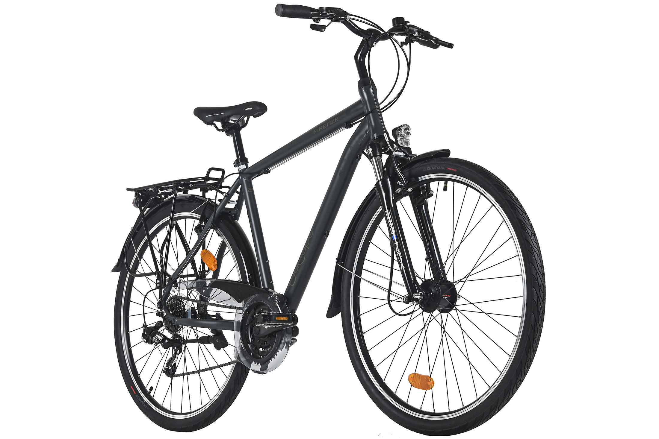 Ein dunkelgraues Fahrrad auf weißem Hintergrund. Es hat schwarze Reifen, einen Sitz und einen Gepäckträger. Das Wort 'Firenze' steht auf dem Rahmen.
