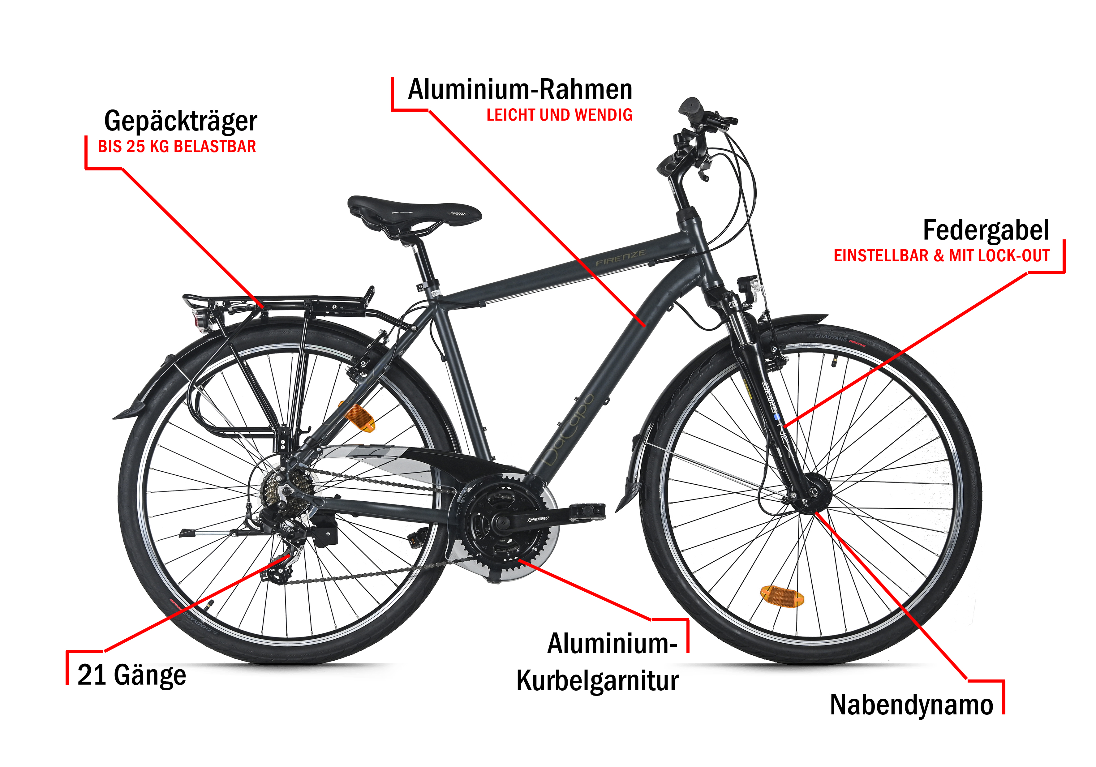 Dunkelgraues Fahrrad mit Gepäckträger, Aluminiumrahmen, 21 Gängen, Federgabel und Nabendynamo.