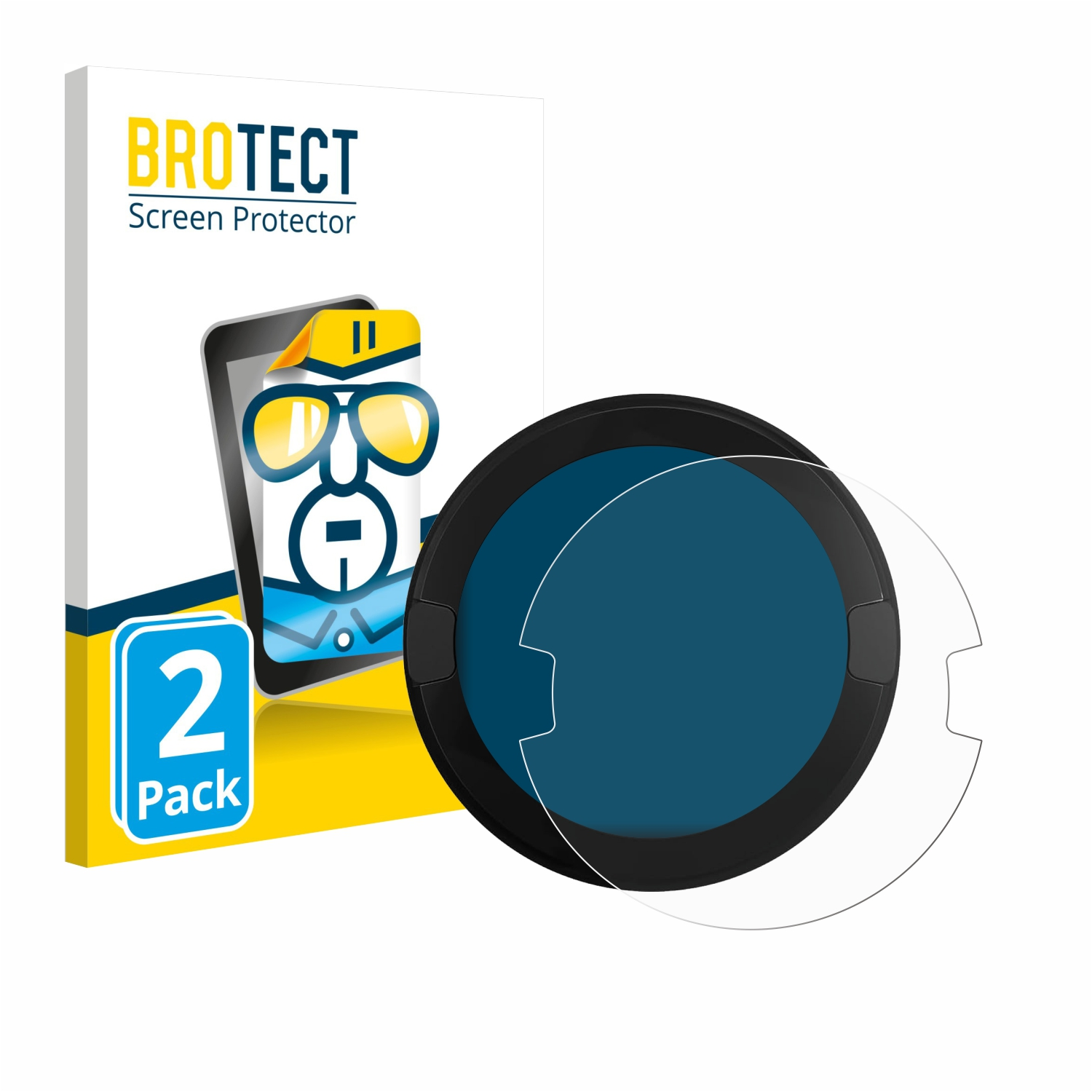 Eine Displayschutzfolien-Box mit Telefonillustration und runder Displayschutzfolie. Auf der Box steht 'BROTECT Screen Protector' und '2er Pack'.