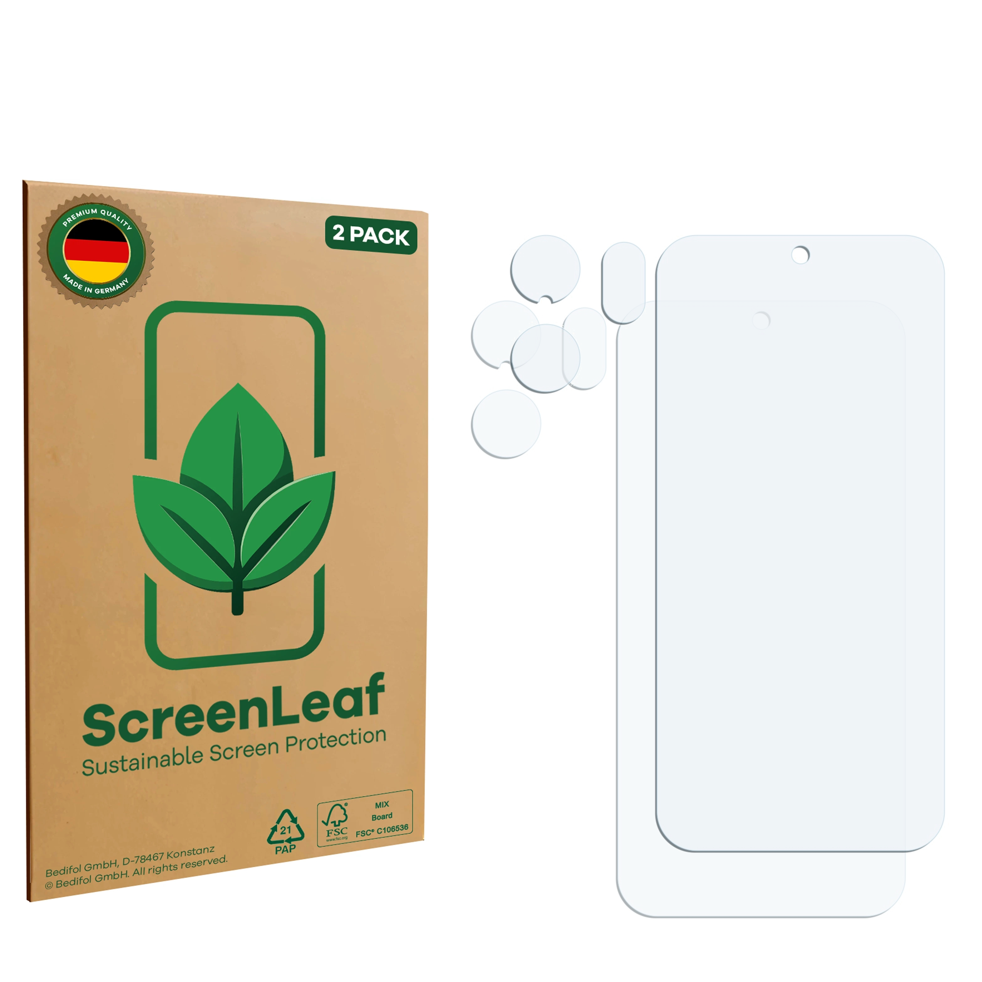 ScreenLeaf 2er-Pack Displayschutz, verschiedene Formen, Schachtel mit grünem Blatt-Logo und deutschem Text.