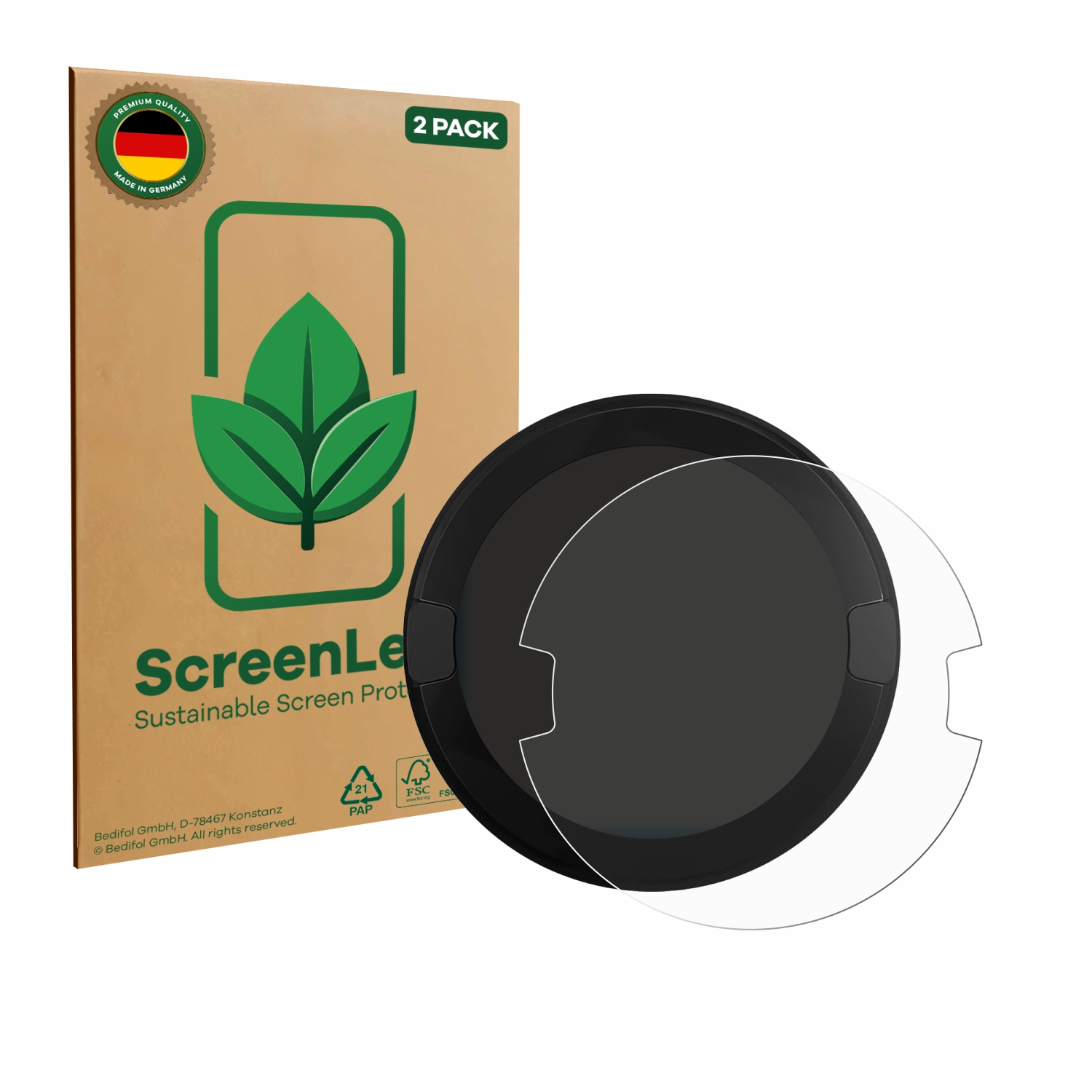 Eine Displayschutzfolienbox mit Blattlogo und 2er-Pack-Etikett, neben einem schwarzen Displayschutz mit transparenter Schicht.