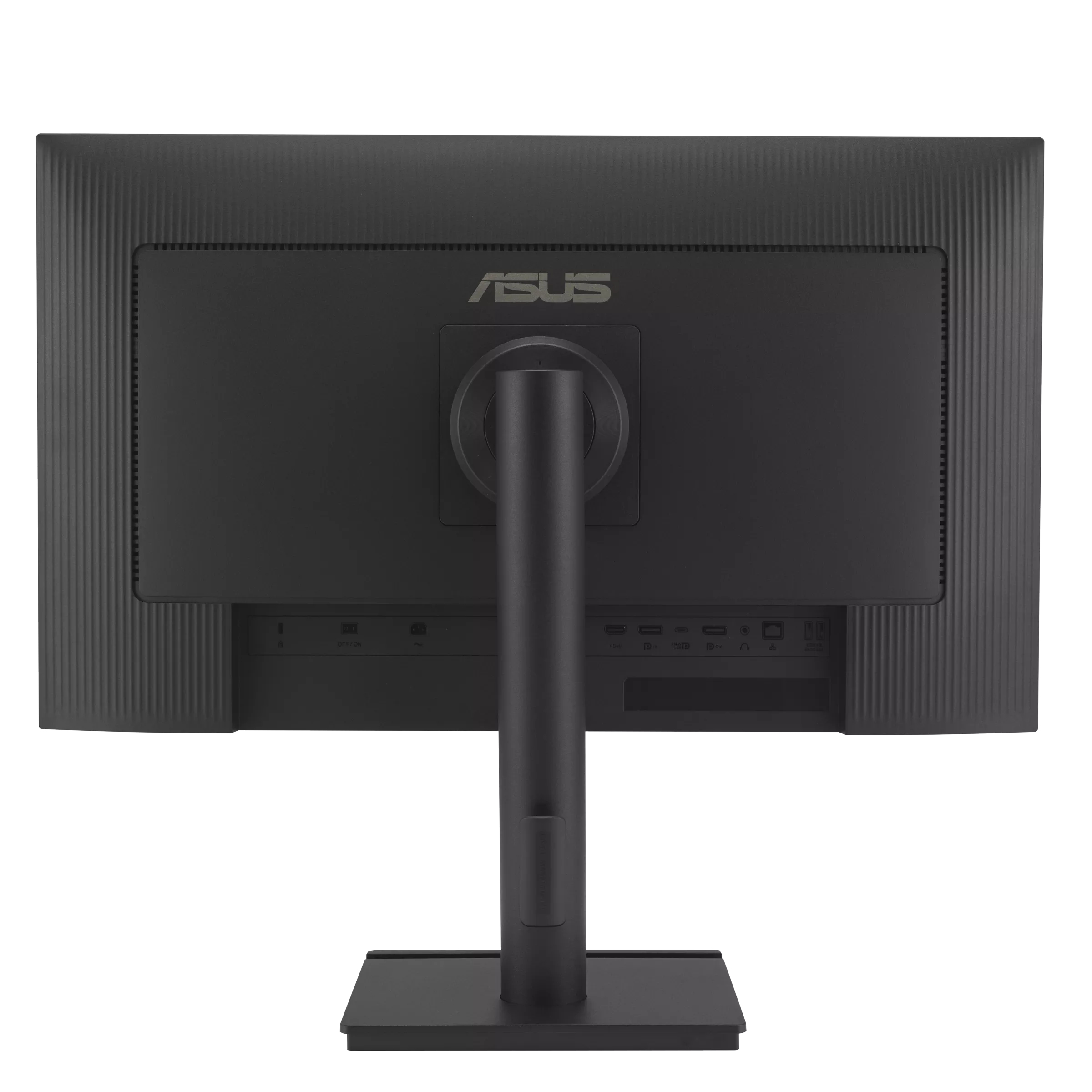 Rückansicht eines schwarzen Computermonitors. Das ASUS-Logo ist sichtbar. Anschlüsse und Ständer sind ebenfalls zu sehen.