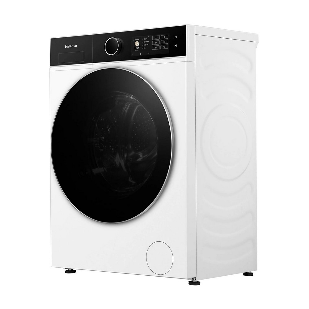 Biała pralka Hisense z czarnymi drzwiami i panelem sterowania. Ma okrągłe drzwi i wyświetlacz cyfrowy.