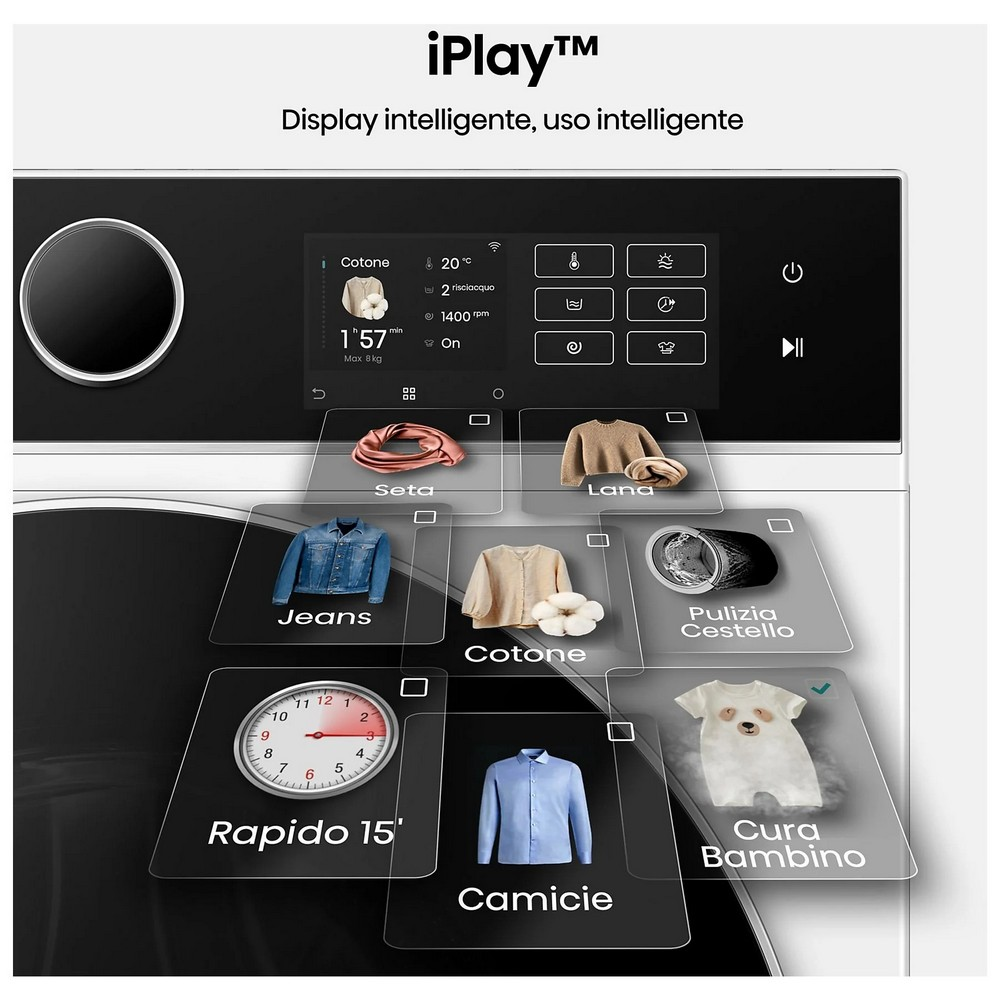 Wyświetlacz pralki z opcjami dla różnych tkanin, czasu i temperatury. Zawiera ikony ubrań do wyboru.