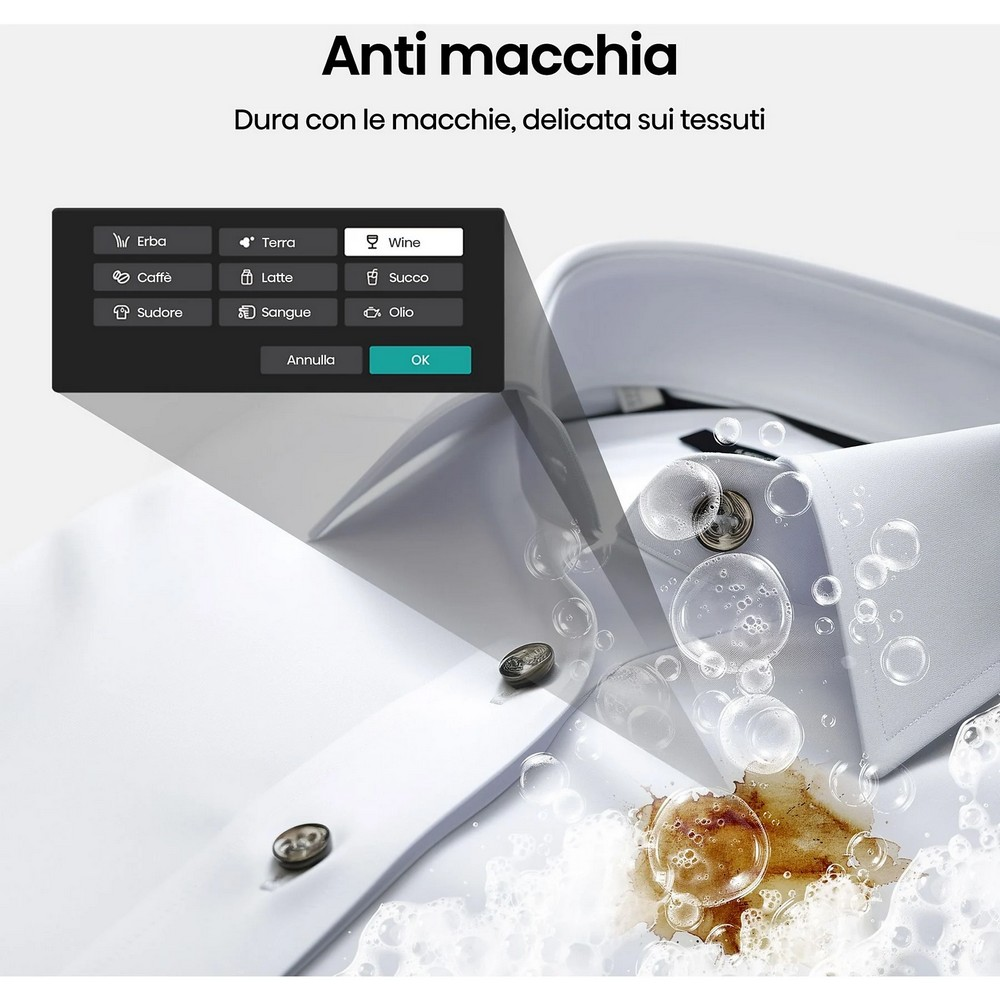 Camicia bianca con macchia di vino. Menu con opzioni smacchiatura: erba, caffè, sudore, terra, latte, sangue, succo, olio, vino. OK.