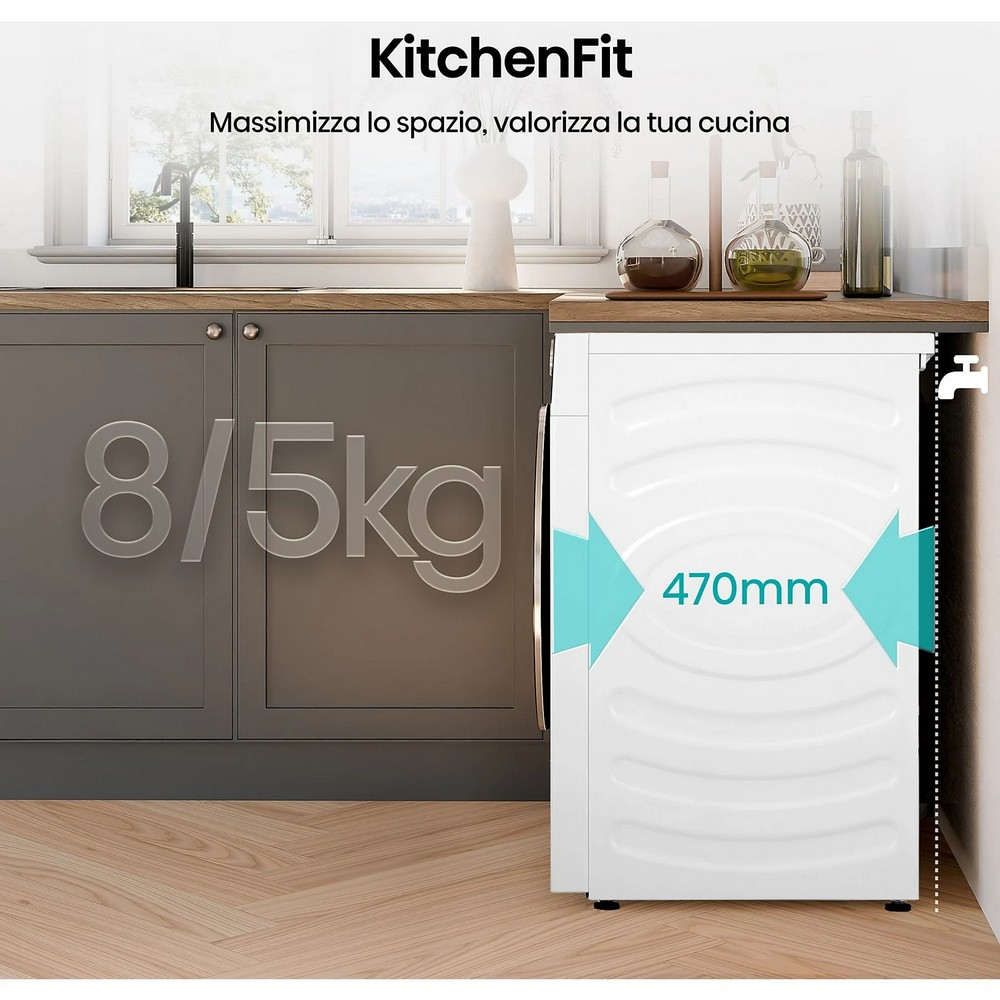 Biała pralka w kuchni, z wymiarem 470 mm. Szare szafki w tle.