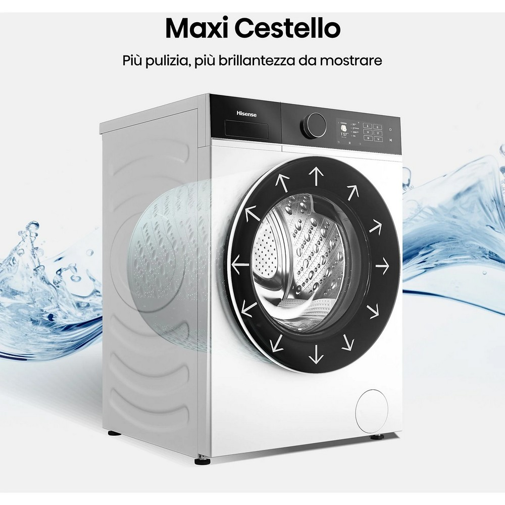 Biała pralka z czarnymi drzwiami, plusk wody w tle. Tekst mówi Maxi Cestello.