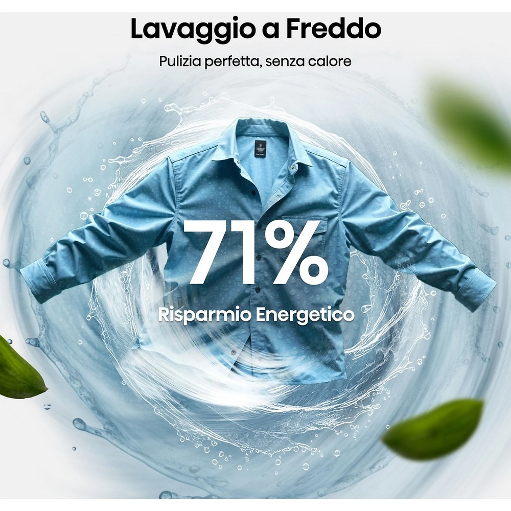 Niebieska koszula z tekstem 71% oszczędności energii. Tło z rozpryskami wody i zielonymi liśćmi. U góry: Lavaggio a Freddo.