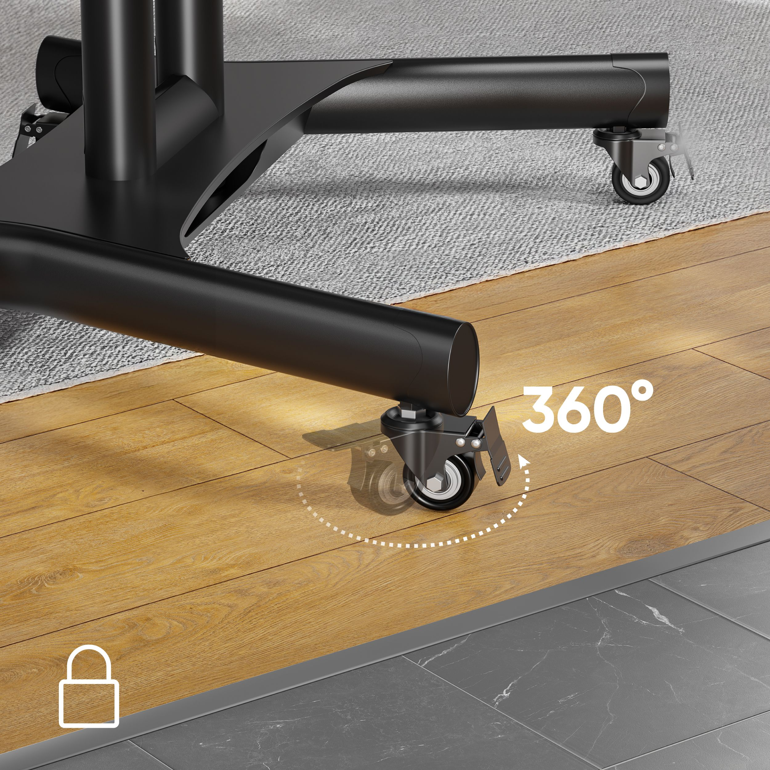 Czarny metalowy stojak z kółkami. Podłoga jest drewniana. Szary dywan w tle.