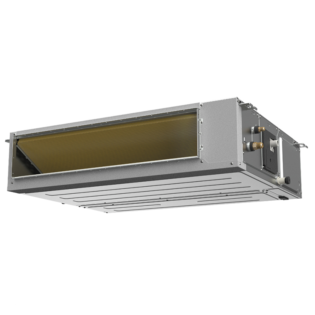 Una unidad de aire acondicionado rectangular de metal. Tiene un interior acanalado de color dorado y varias tuberías y conectores laterales.
