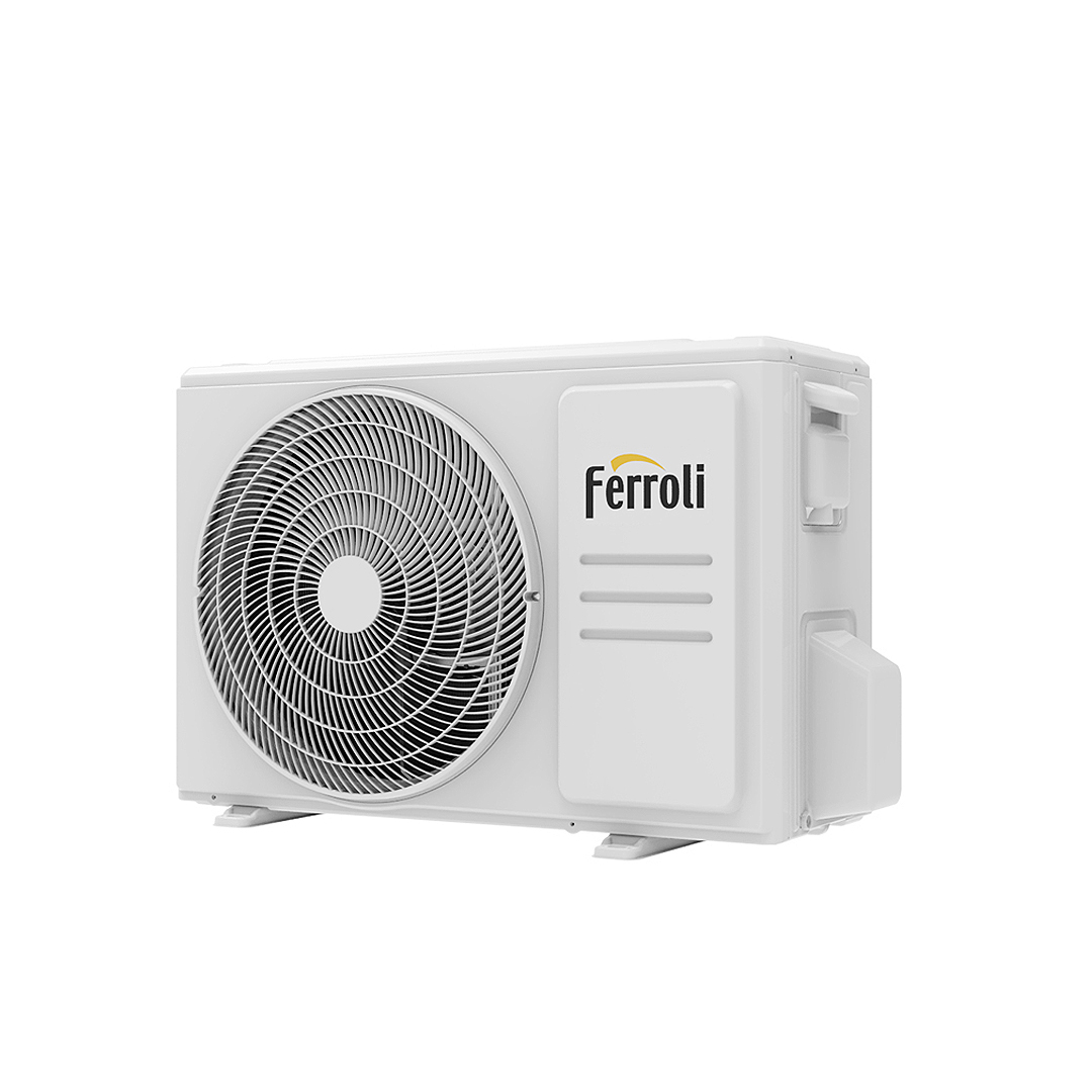 Un aire acondicionado Ferroli blanco. Tiene un ventilador a la izquierda, un panel de control y el logo de Ferroli.