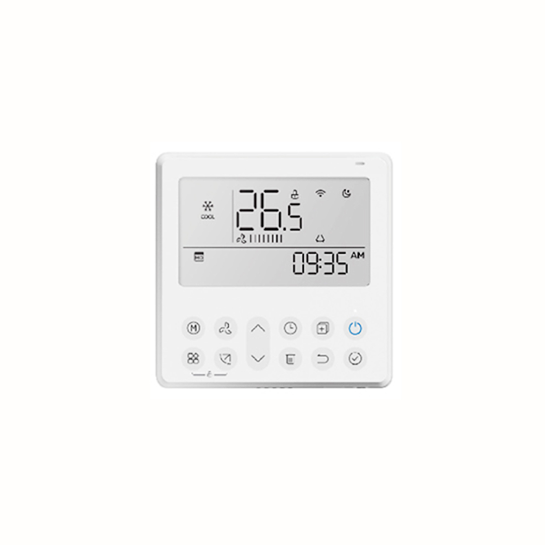 Un termostato blanco muestra 26,5 grados y 09:35 AM. Se muestran botones y símbolos en la pantalla del dispositivo.
