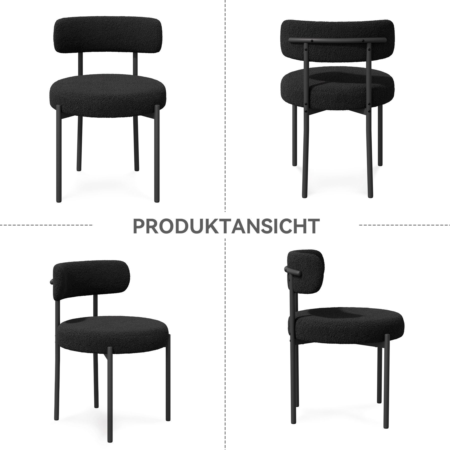 Vier Ansichten eines schwarzen Stuhls mit runder Sitzfläche und Rückenlehne. Metallbeine und -rahmen, mit dem Wort PRODUKTANSICHT in der Mitte.