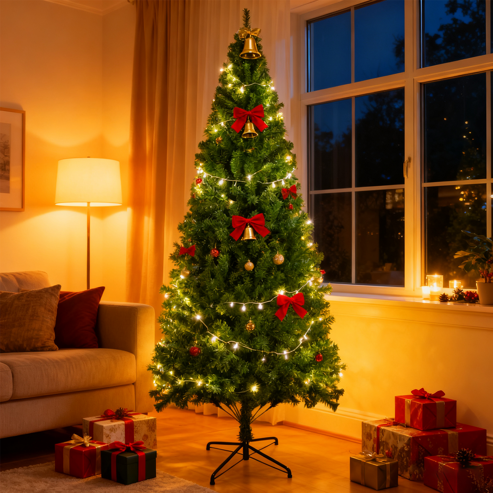 Ein geschmückter Weihnachtsbaum mit Lichtern, Schleifen und Ornamenten steht in einem Wohnzimmer mit Geschenken und einem Fenster.