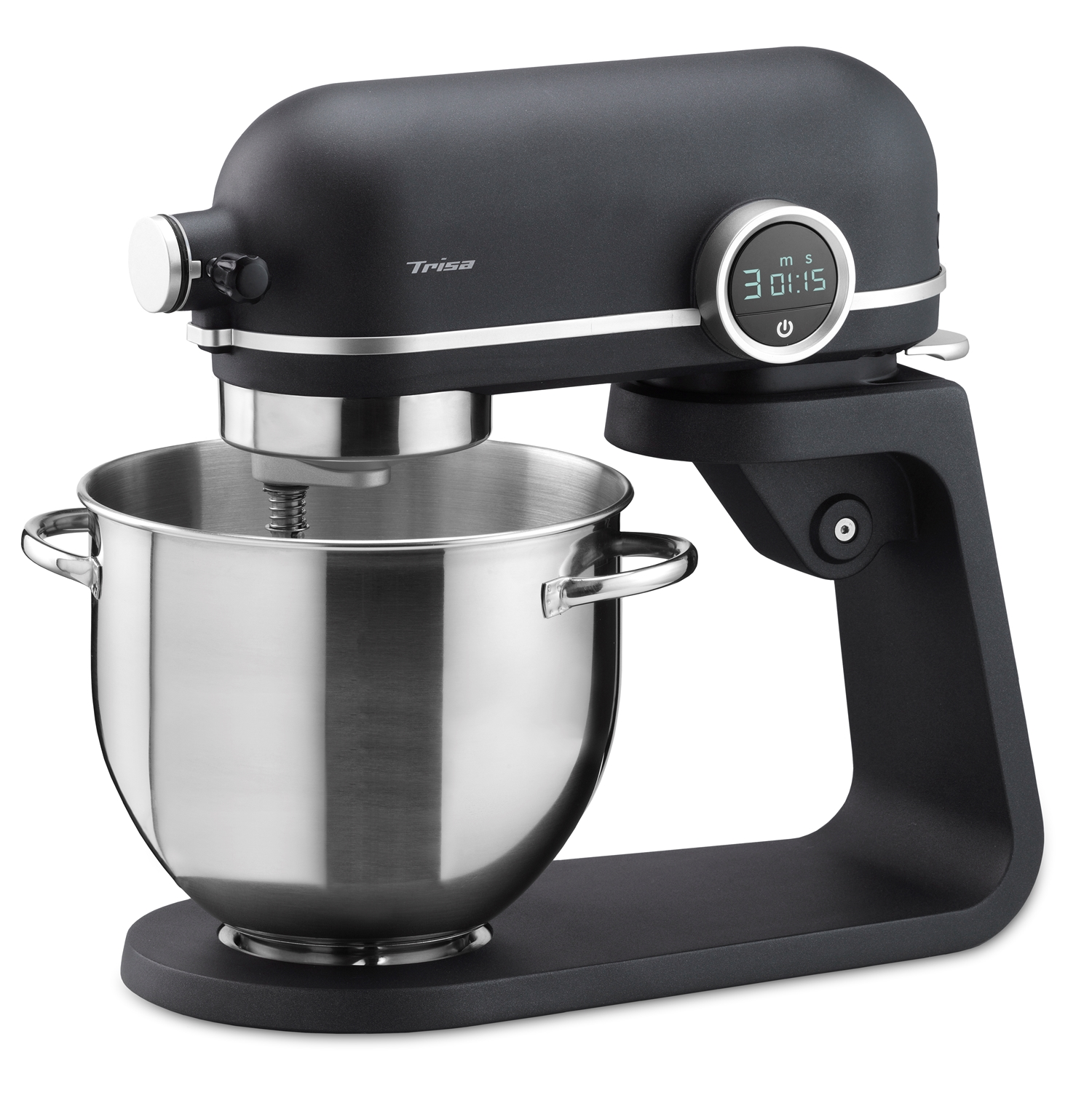 Ein schwarzer Trisa-Küchenmixer mit einer Edelstahlschüssel. Er verfügt über einen Digitaltimer und einen silbernen Zierrat.