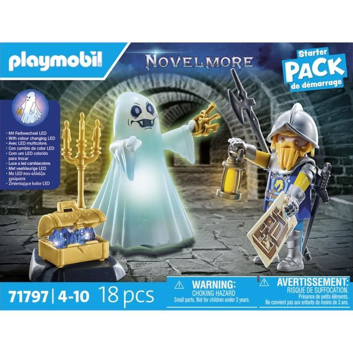 Zestaw startowy Playmobil Novelmore. Przedstawia ducha, rycerza, skrzynię skarbów i świecznik.