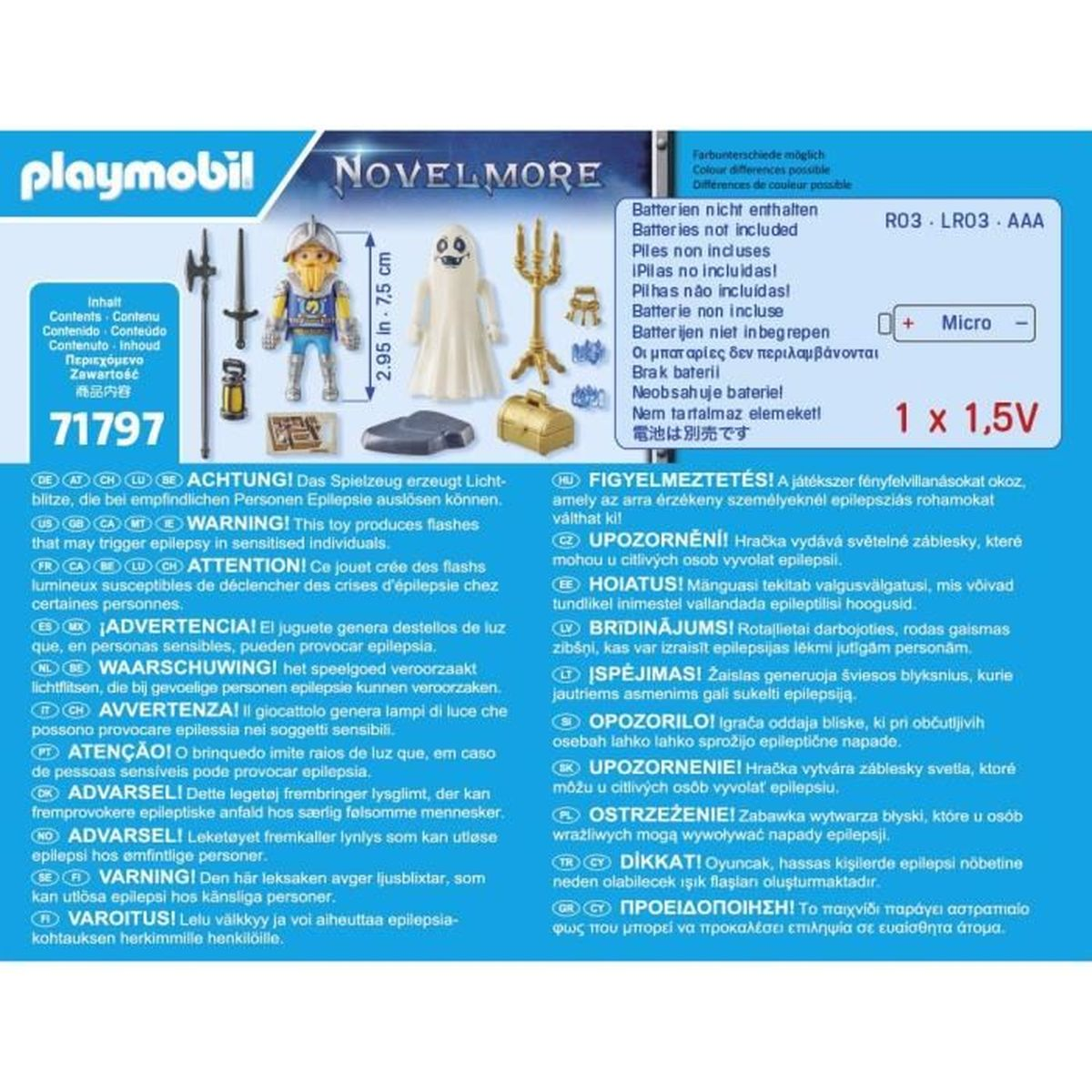 Pudełko Playmobil Novelmore z figurkami i akcesoriami. Zawiera ostrzeżenia dotyczące padaczki.