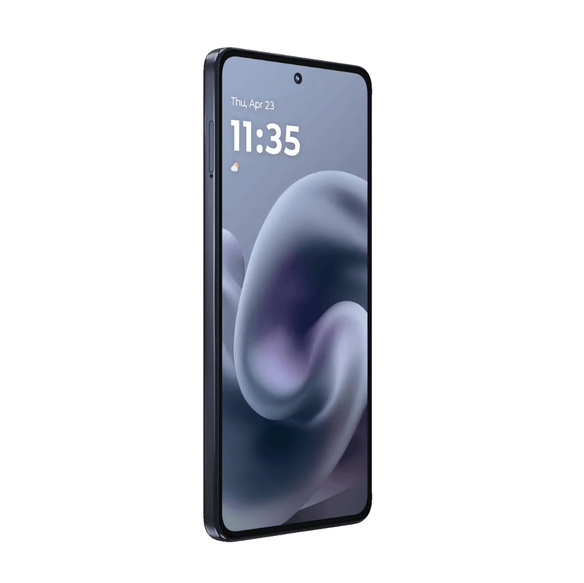 Smartfon na białym tle. Ekran wyświetla godzinę, datę i wirujący abstrakcyjny wzór w odcieniach niebieskiego i fioletowego.