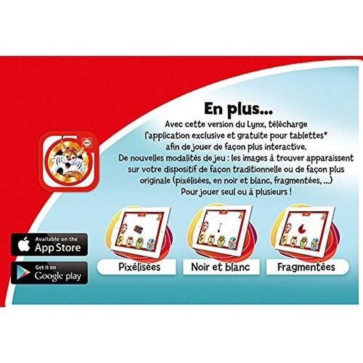 De afbeelding adverteert een Lynx game-app. Het toont app store logo's, spelopties: pixelig, zwart-wit, gefragmenteerd. Tekst in het Frans.