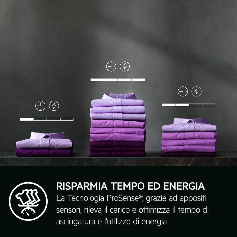 Obraz pokazuje stosy złożonych koszul w odcieniach fioletu. Ikony ilustrują efektywność czasu i energii. Tekst: Oszczędza czas i energię.