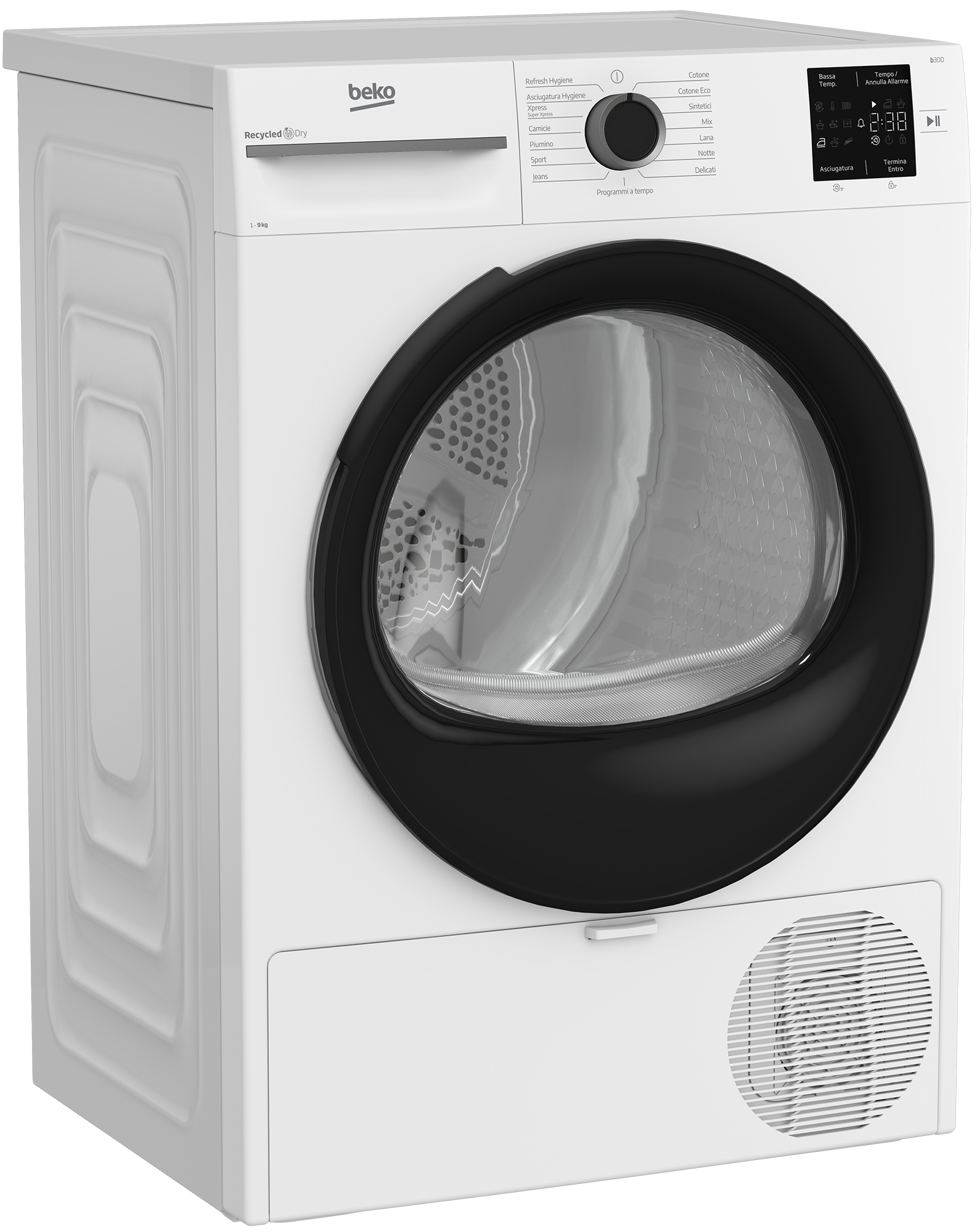 Un'asciugatrice Beko bianca con porta nera. Ha un pannello di controllo con varie impostazioni e un display digitale.
