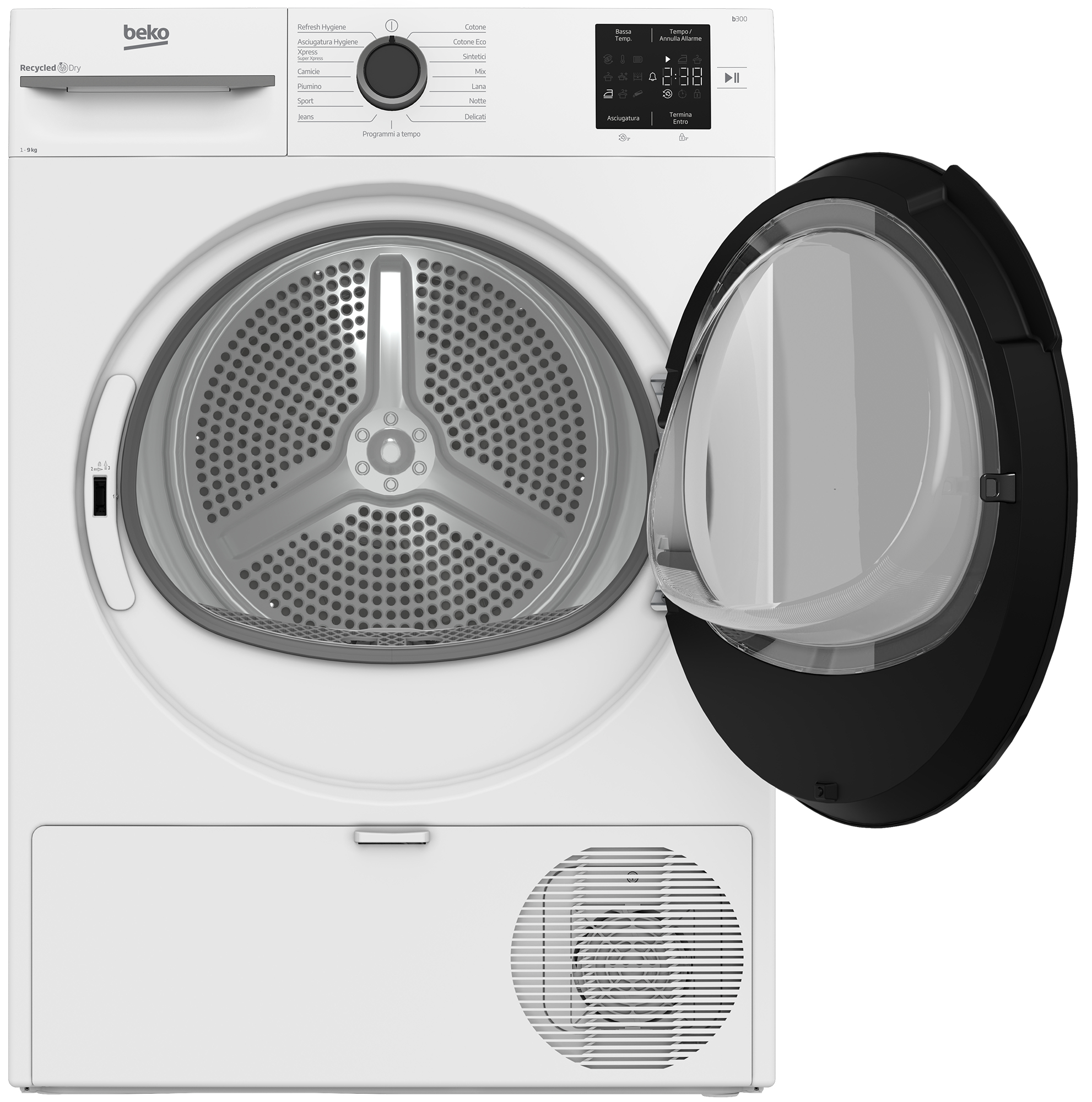 Un'asciugatrice Beko bianca con porta nera aperta. All'interno, un cestello in acciaio inox. Comandi in alto.