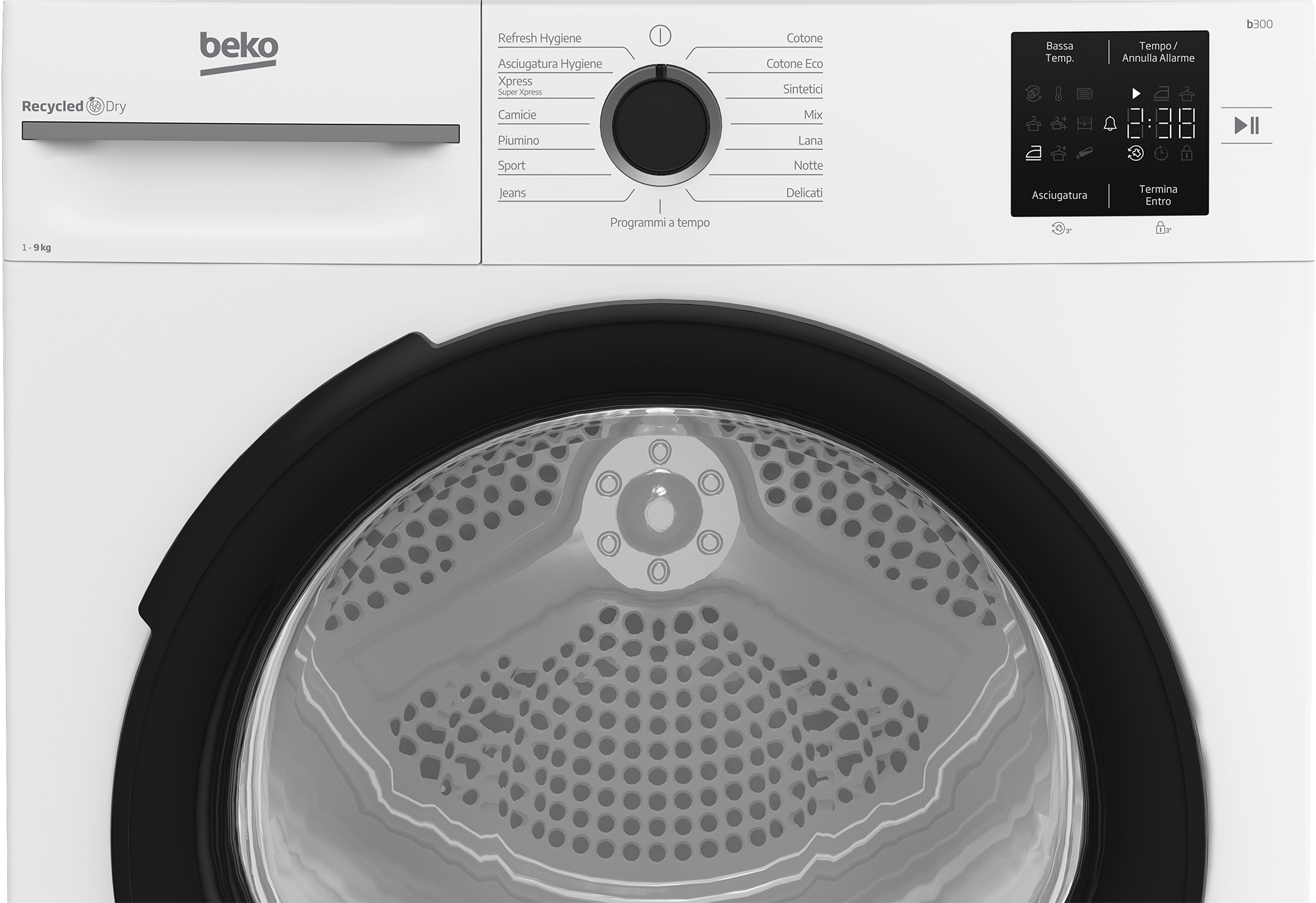 Un'asciugatrice Beko bianca con porta nera. Ha un pannello di controllo a destra e un quadrante al centro. Il cestello è visibile.