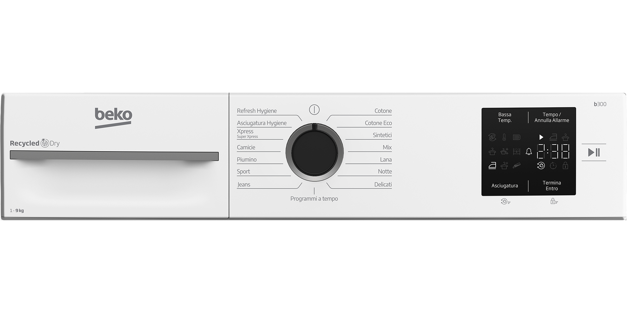 Pannello comandi asciugatrice Beko bianco. Ha una manopola per i programmi, un display digitale e pulsanti.