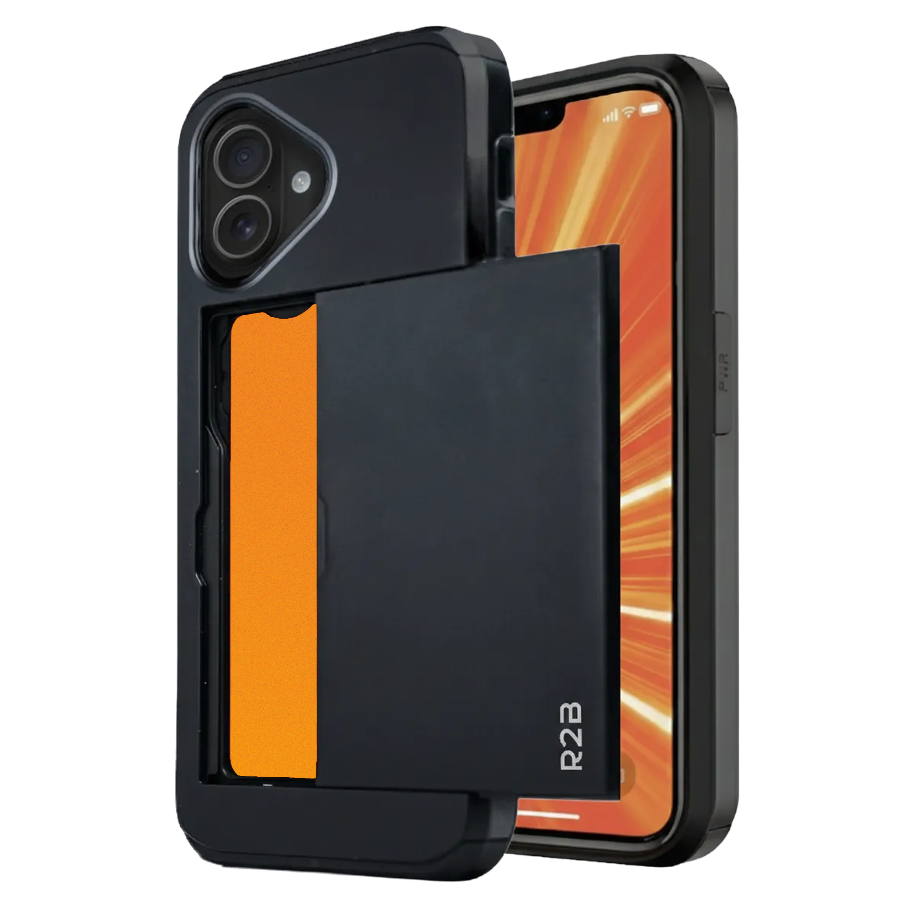 Zwarte telefoonhoes met kaartsleuf met oranje kaart. Scherm toont oranje patroon.