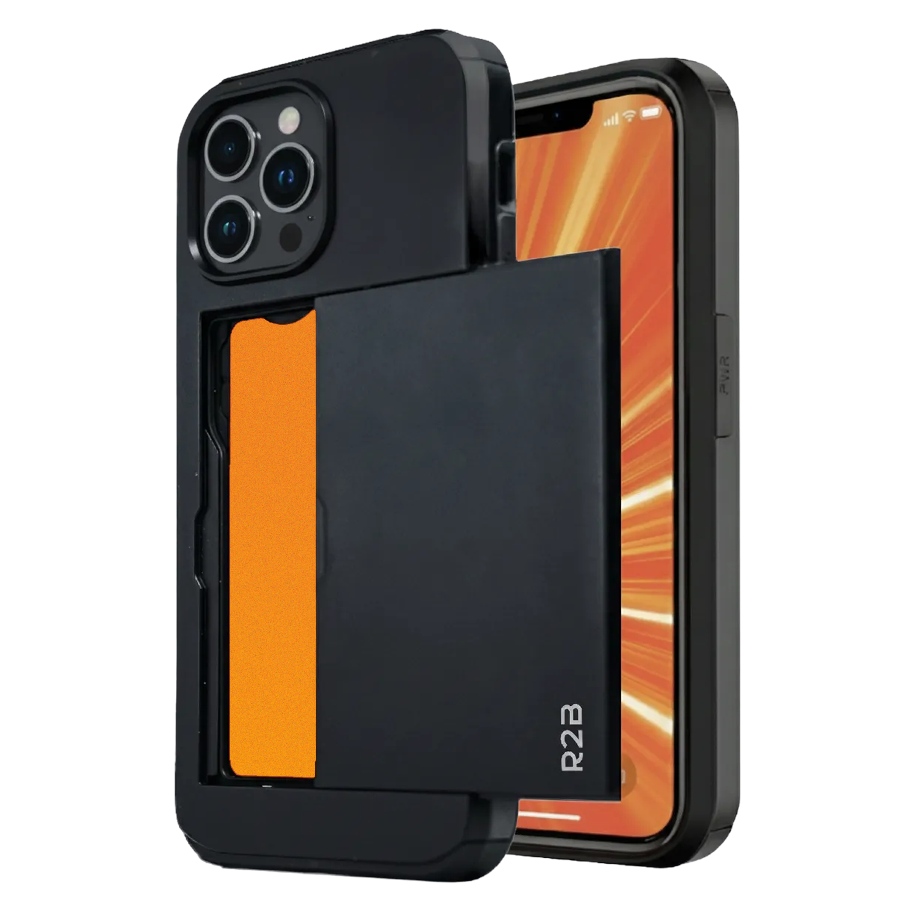 Zwarte telefoonhoes met kaarthouder, gedeeltelijk open. Oranje kaart zichtbaar. Telefoonscherm met oranje achtergrond.