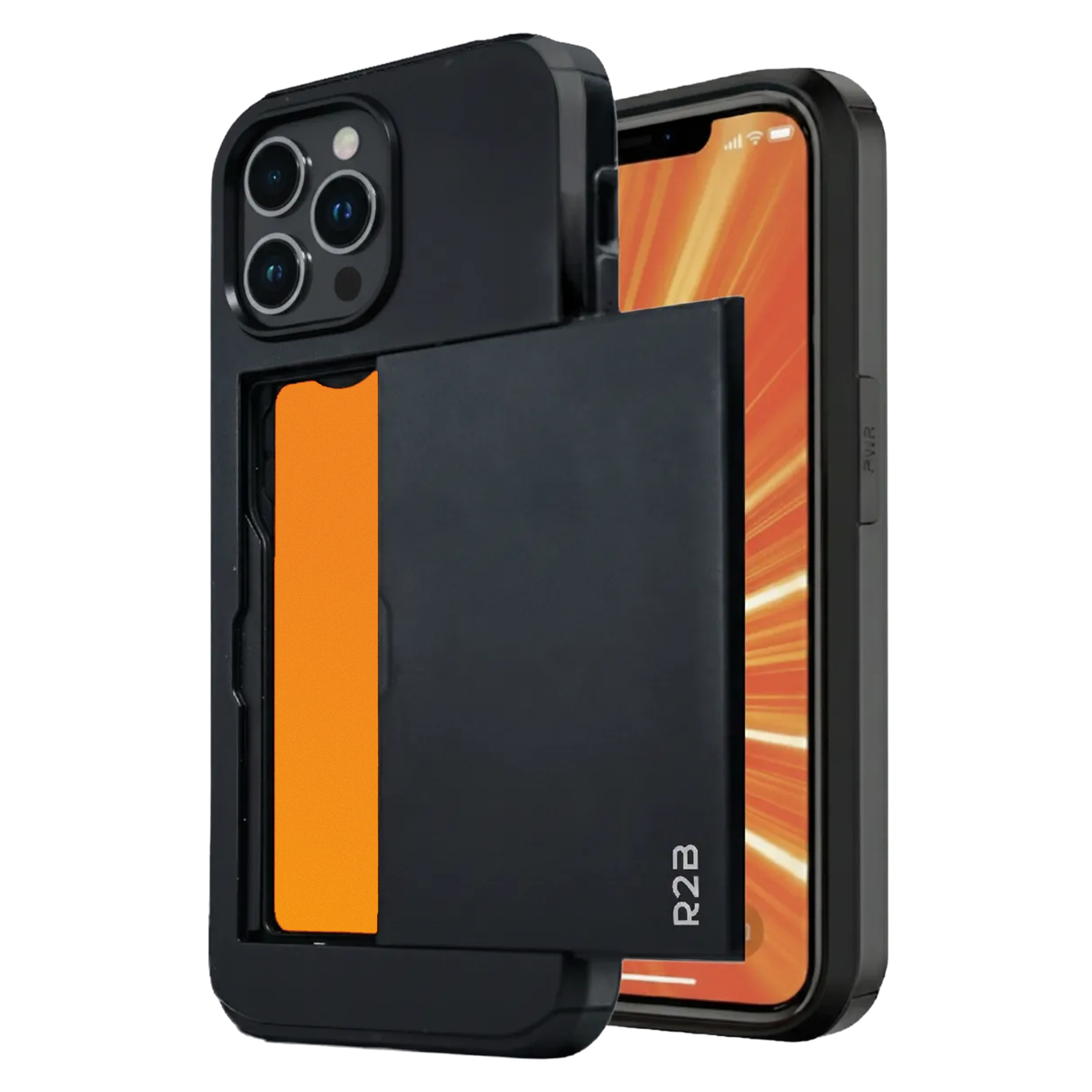 Zwarte iPhone-hoes met open kaartsleuf, onthult een oranje kaart. iPhone-scherm zichtbaar, met heldere oranje achtergrond.