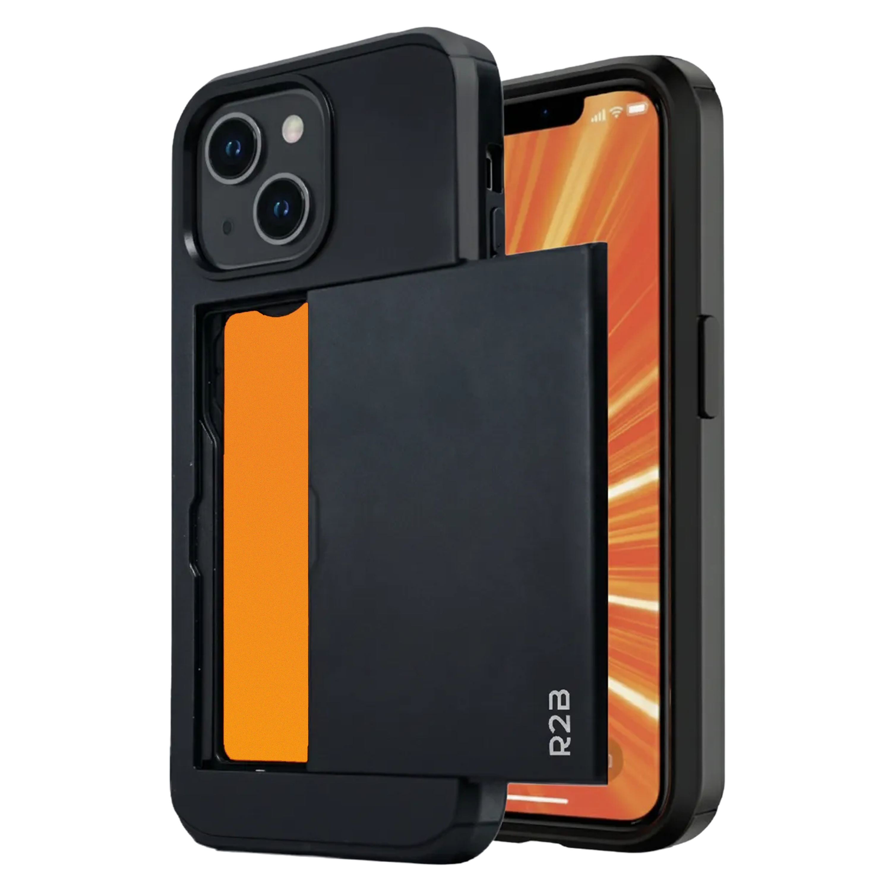 Zwarte telefoonhoes met open kaartsleuf, met een oranje kaart. Een tweede telefoon ernaast.
