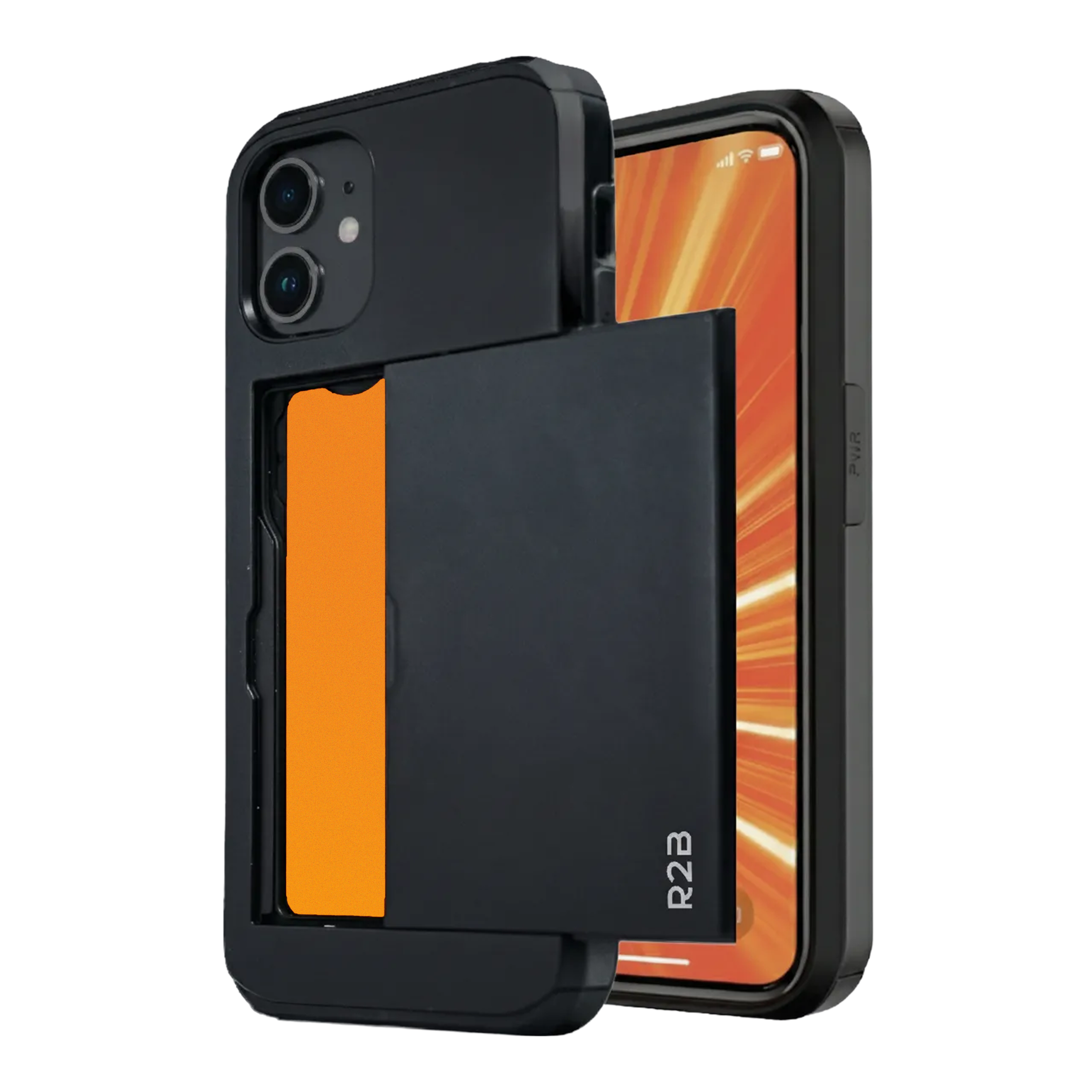 Coque de téléphone noire avec un porte-cartes coulissant. Un téléphone est visible. L'écran affiche un fond orange.
