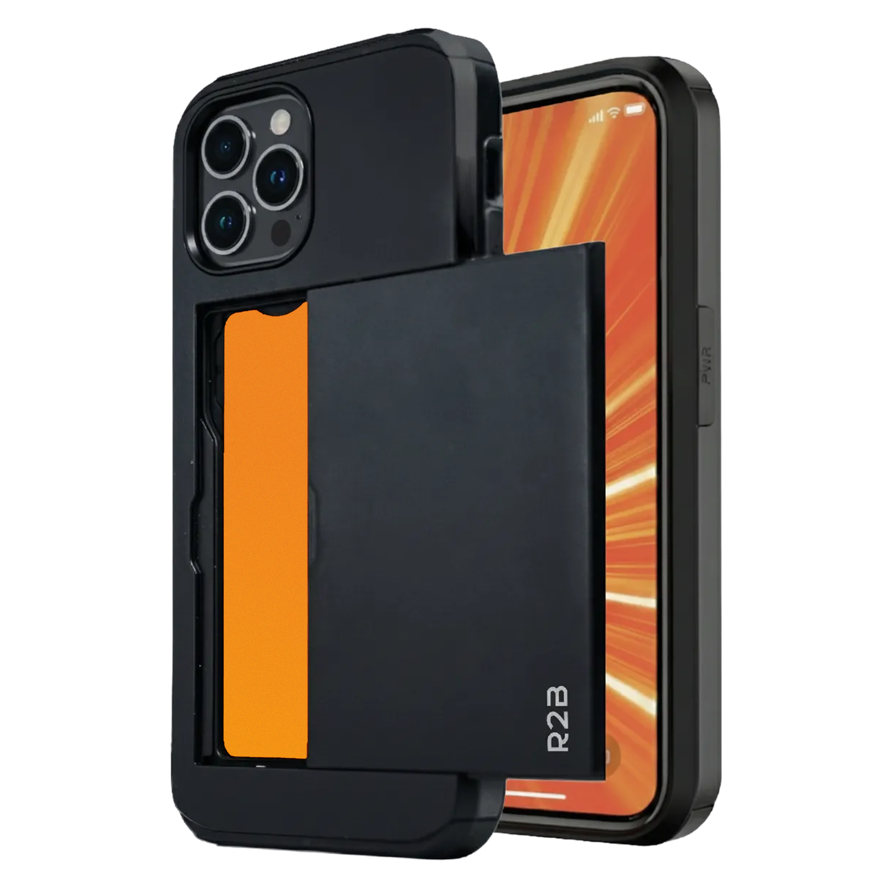 Zwarte telefoonhoes met open kaartsleuf. Een oranje kaart is zichtbaar. Het scherm toont een oranje ontwerp.