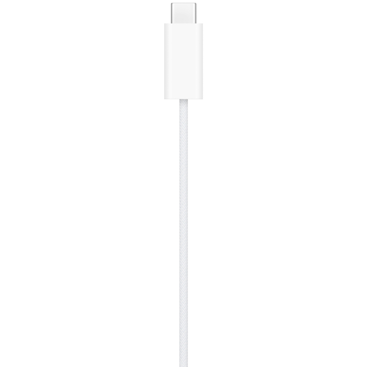 Ein weißes USB-C-Ladekabel auf weißem Hintergrund. Das Kabel verläuft vertikal, mit einem USB-C-Anschluss oben.